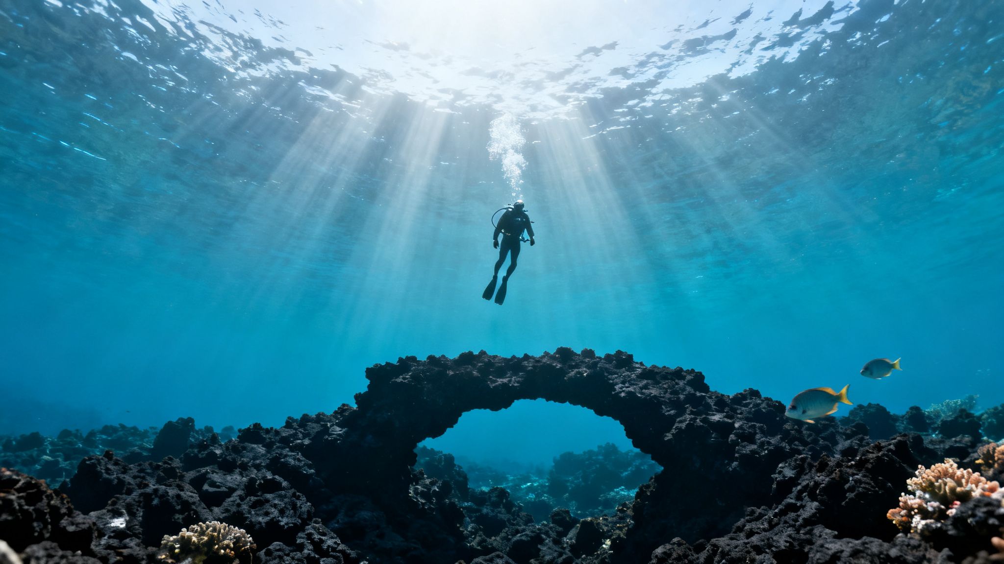 A diver descends into clear blue ocean water, illuminated by sun rays above a coral arch and fish.