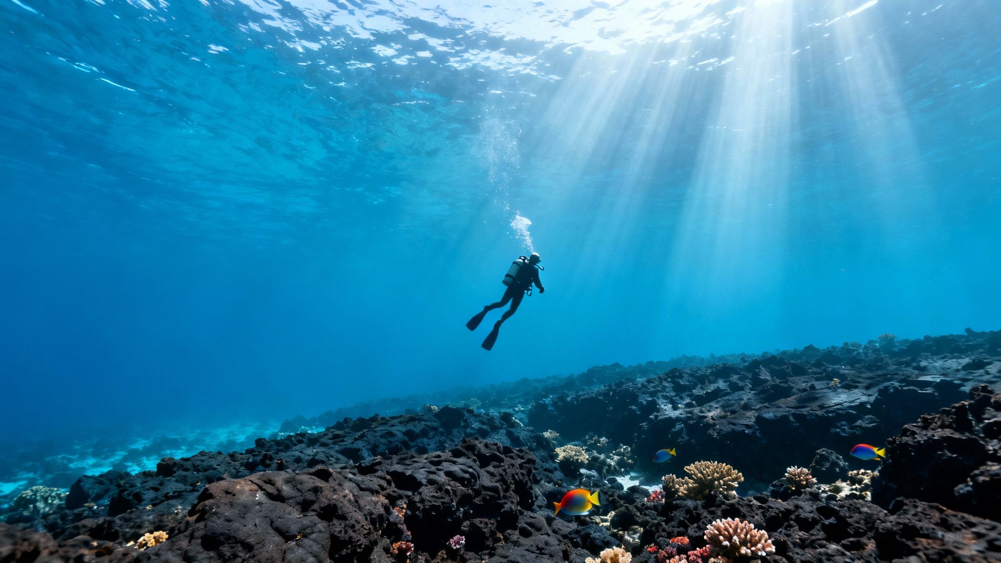 A scuba diver explores a vibrant coral reef with colorful fish in clear blue ocean water.