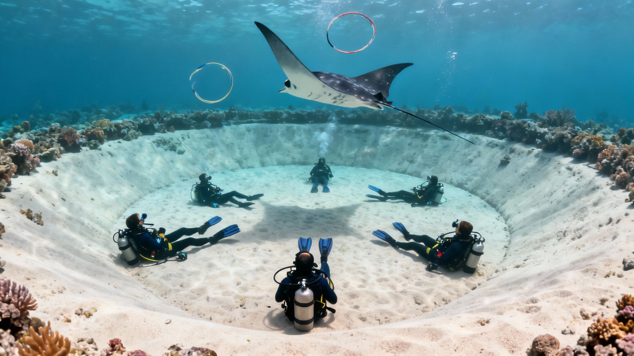 Divers watching a manta ray glide overhead at Garden Eel Cove in Kailua Kona.