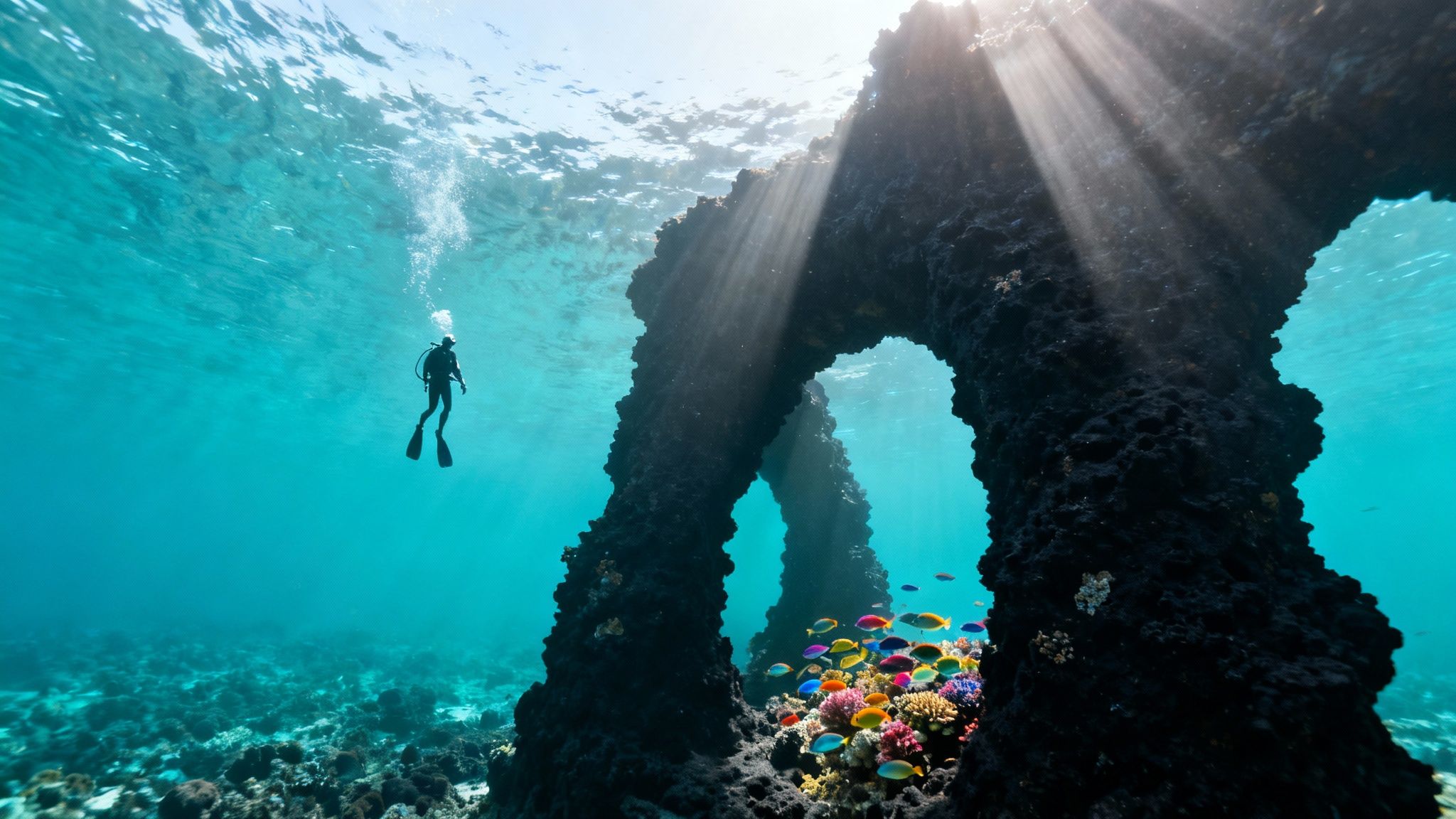 Scuba diver explores clear blue waters with sunlit rock arches and a school of tropical fish.