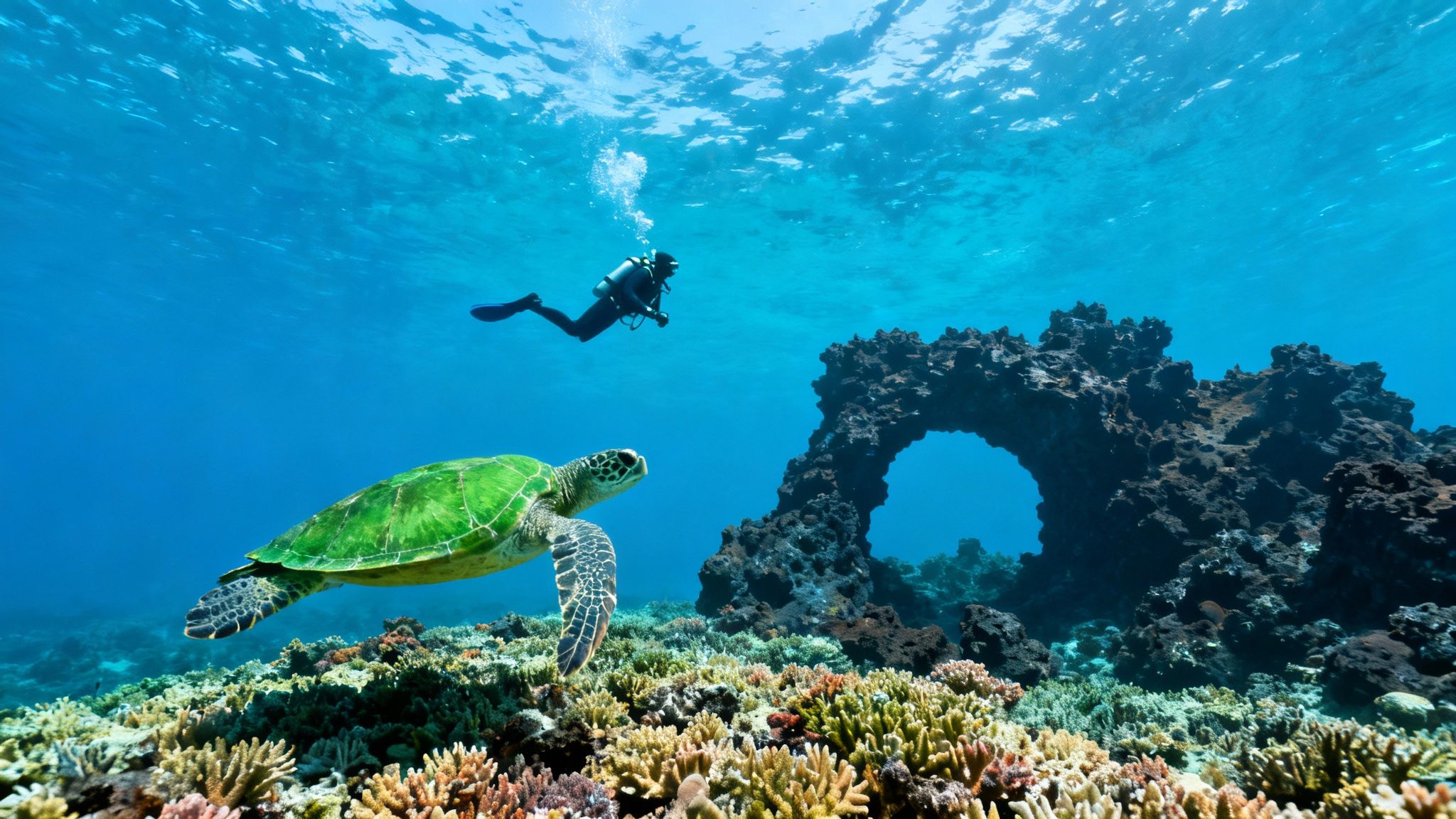 A green sea turtle swims over a vibrant coral reef, with a scuba diver and a large coral arch in the clear blue ocean.