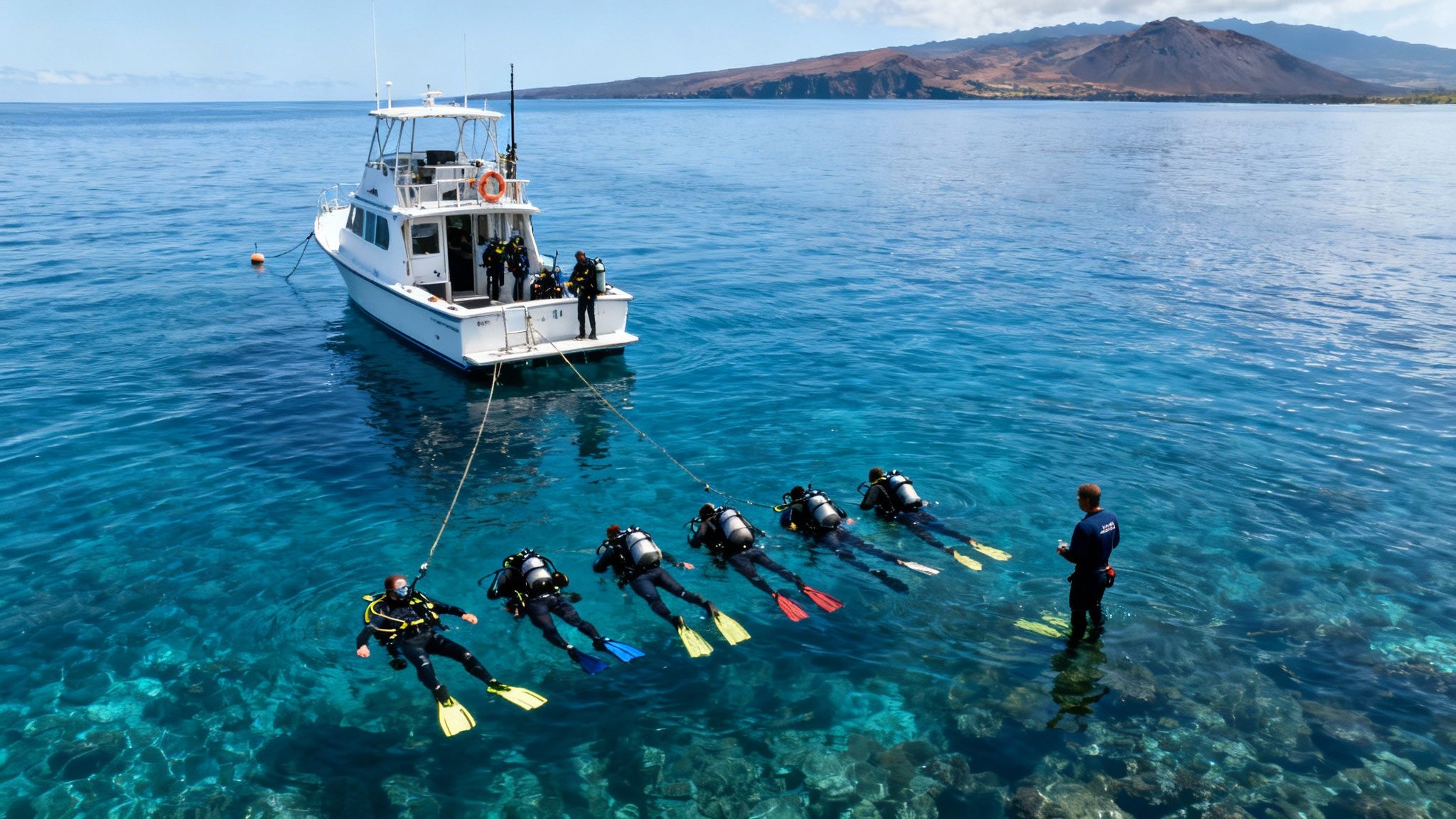 Scuba divers in wetsuits hold a safety line connected to a boat in clear blue water.