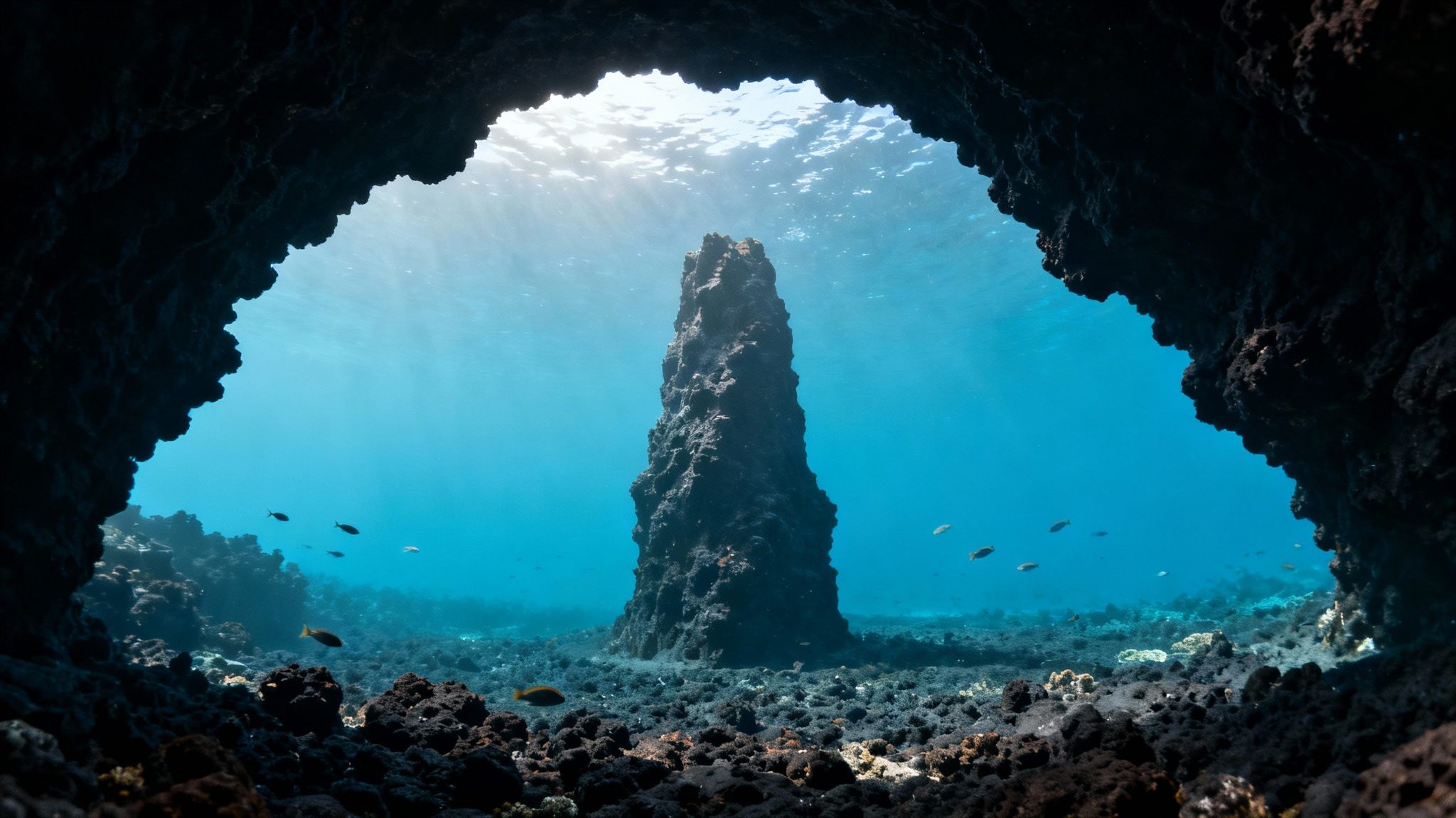 Stunning underwater scene from a dark cave, with a central rock formation and fish in blue water.