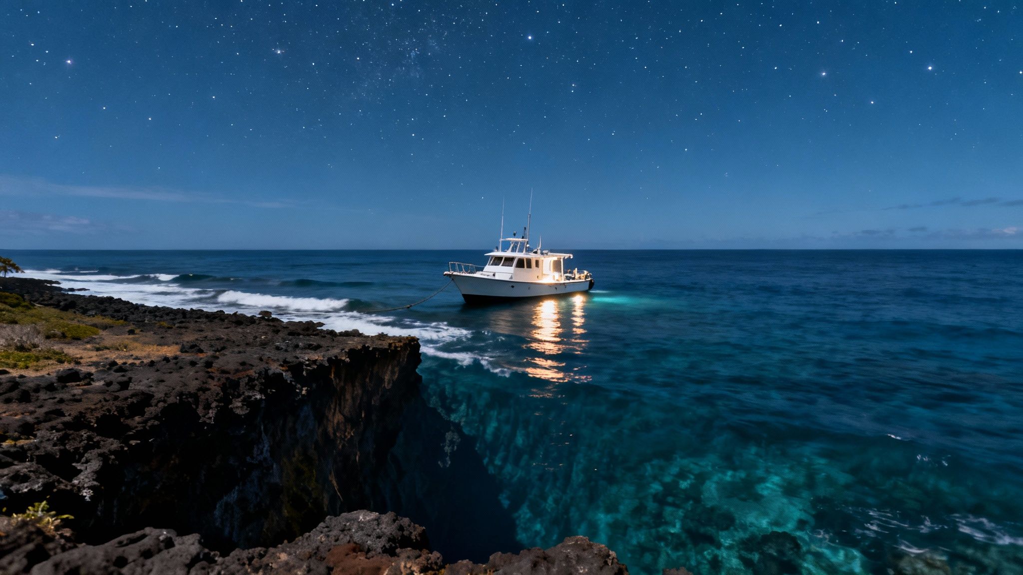 A white boat anchored in clear, illuminated ocean water under a starry night sky near a rocky shore.