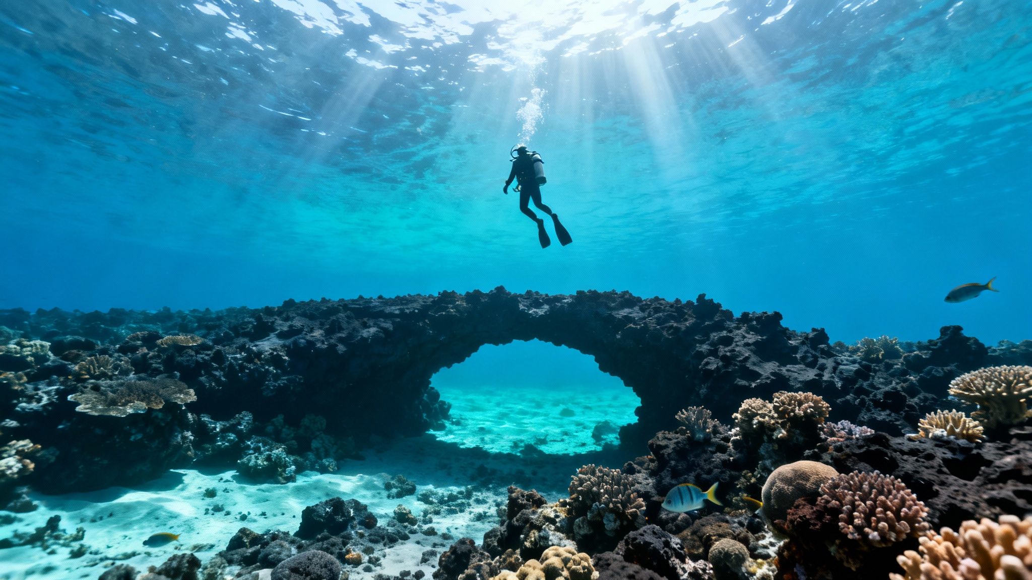 A scuba diver explores a vibrant coral reef and natural arch under sunlit blue ocean water.