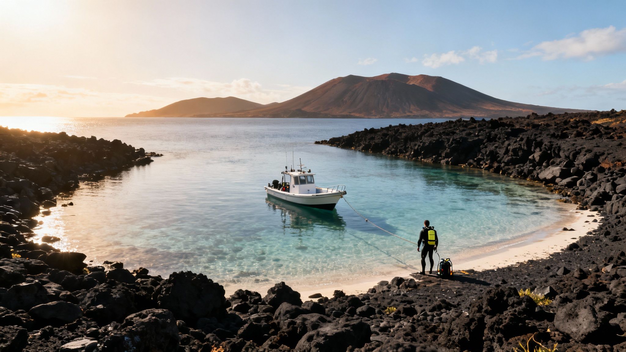 Scuba diver on a volcanic beach near an anchored boat and distant islands.
