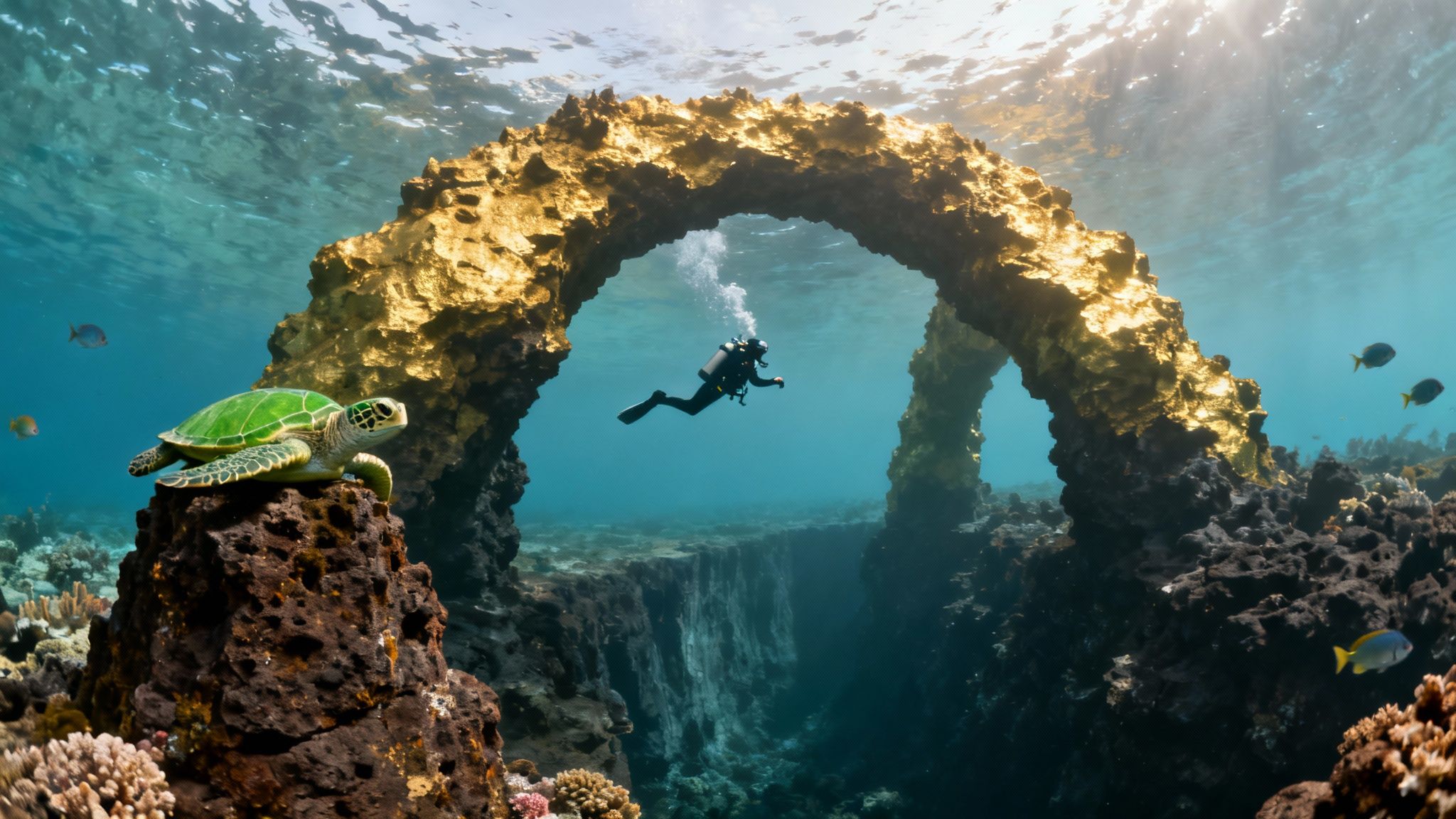 A vibrant underwater scene with a diver, a sea turtle, a golden arch, and marine life.