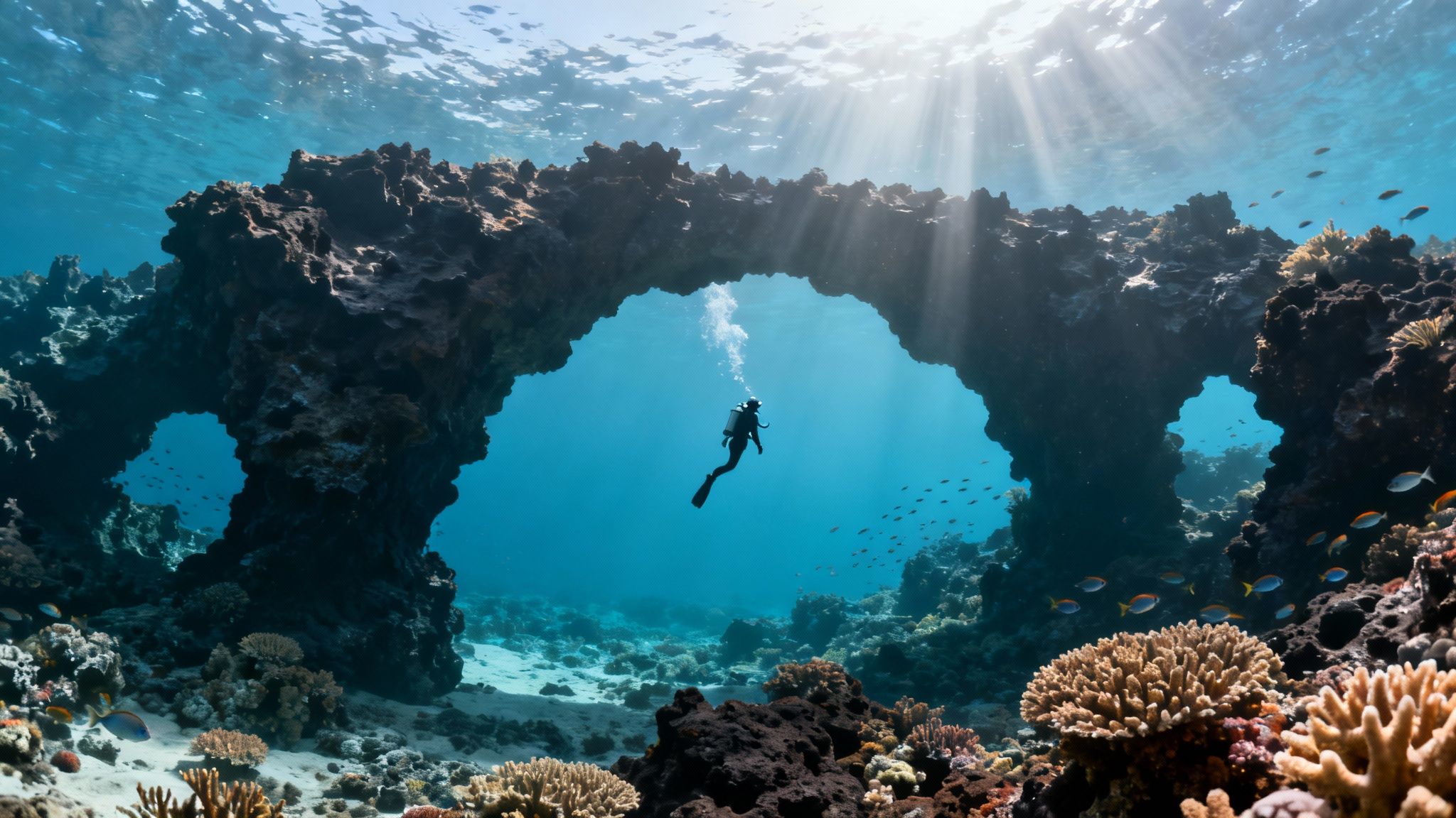 Scuba diver explores vibrant coral reef archway with schools of fish and sunbeams underwater.