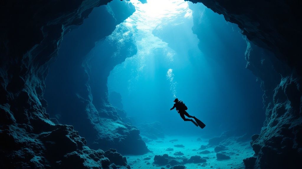 A scuba diver swims next to a massive coral reef teeming with fish on the Big Island.