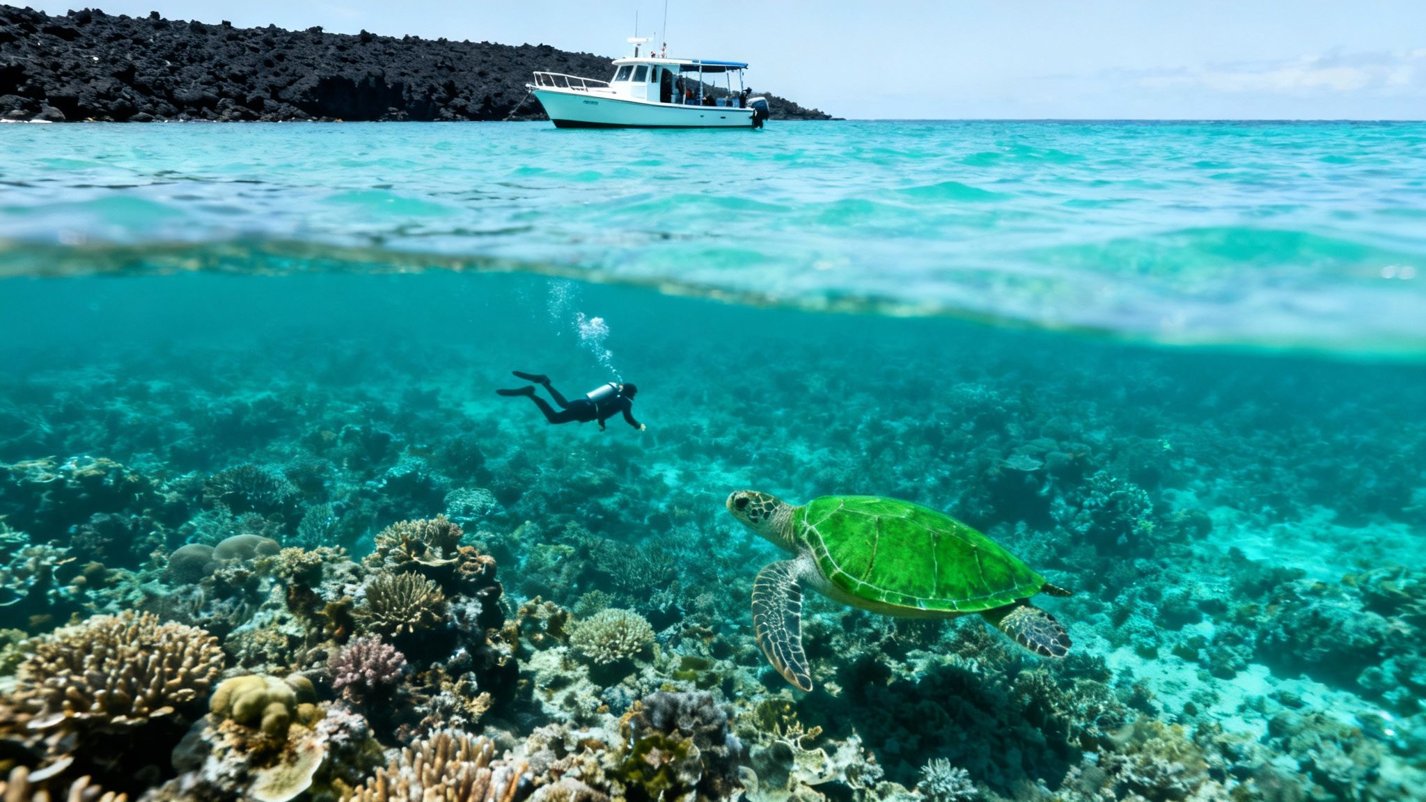 Over-under view of a diver, green sea turtle, and vibrant coral reef with a boat and island.