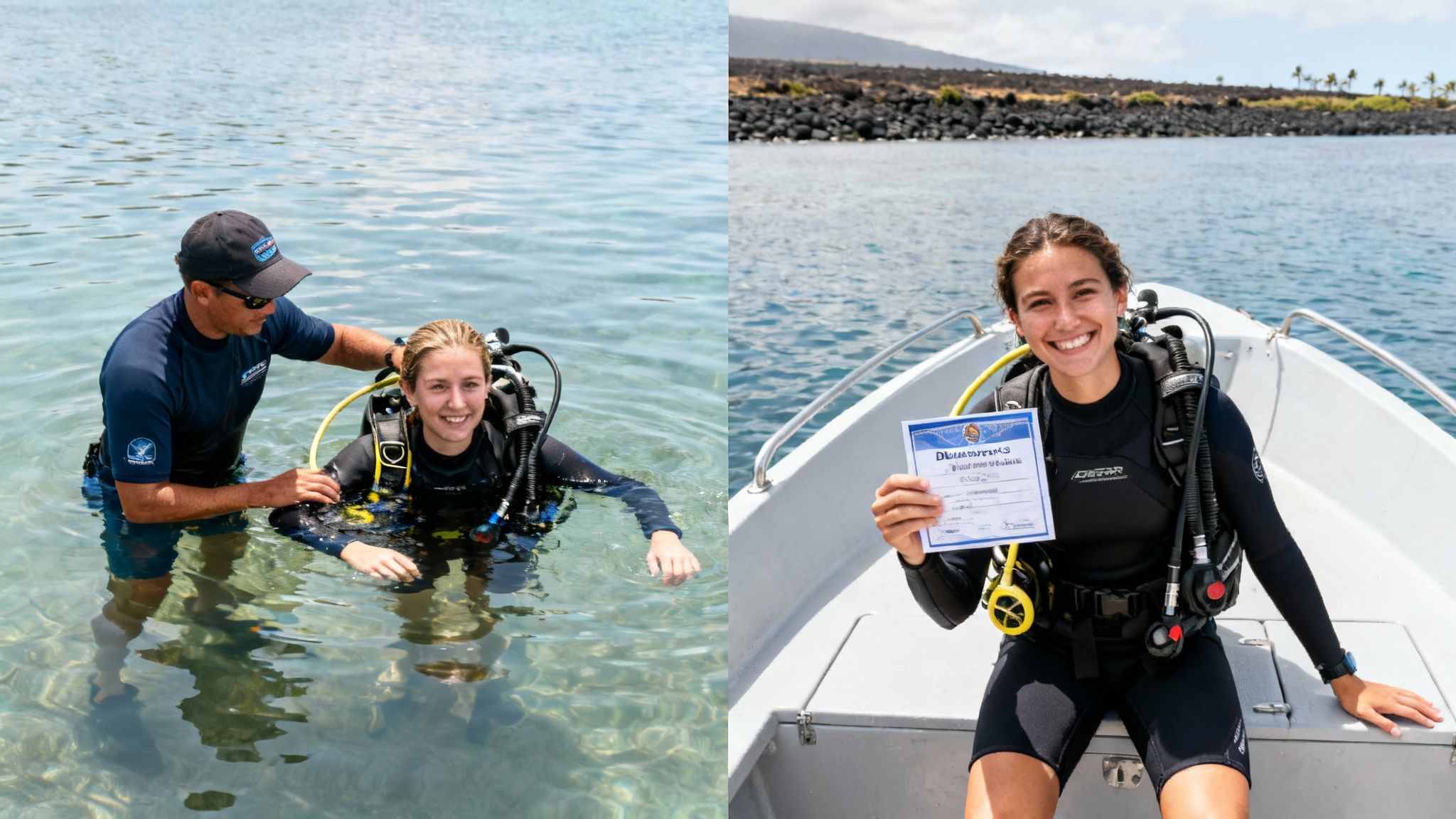 A woman learning to scuba dive, first with an instructor in water, then celebrating with a certificate on a boat.