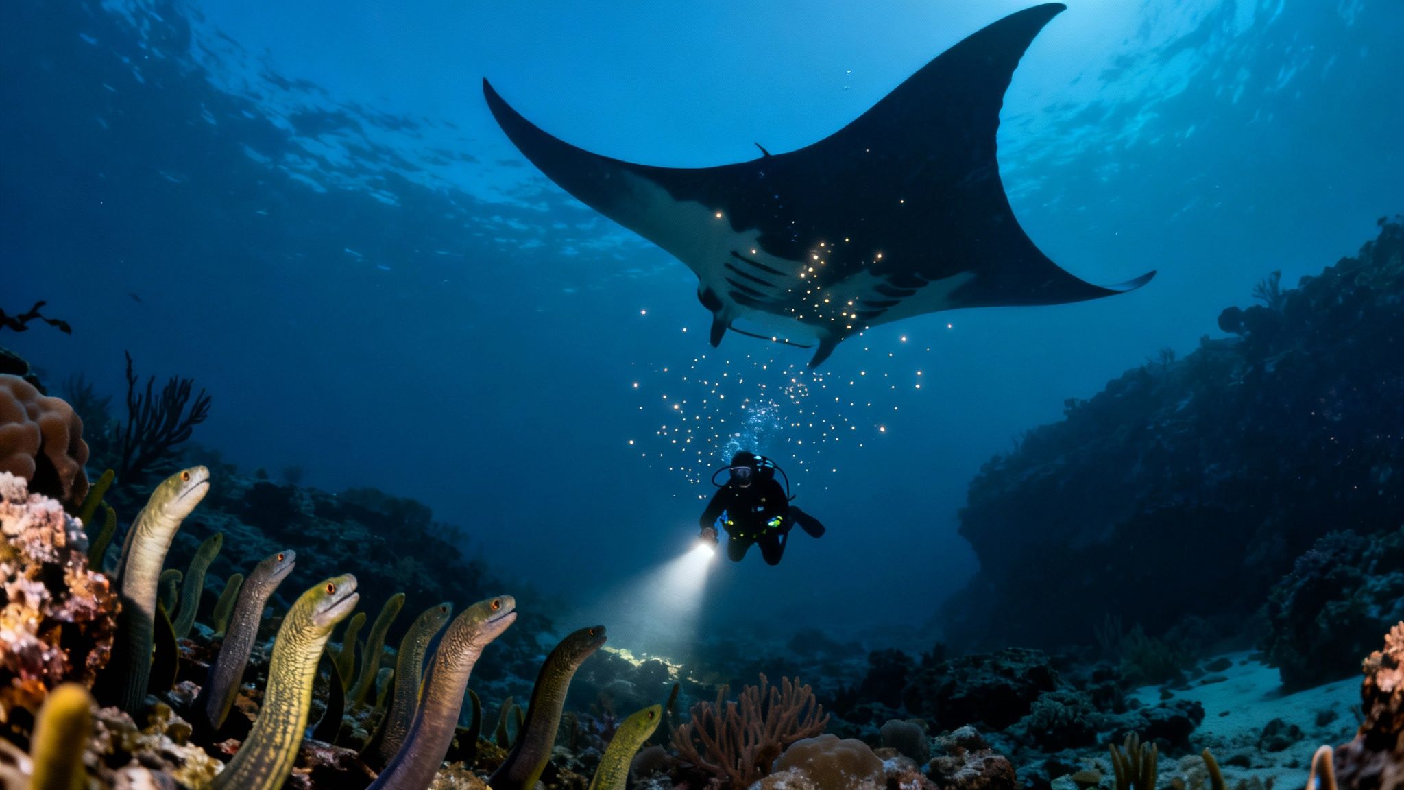 An underwater scene with a diver, a giant manta ray, and garden eels on the coral reef.