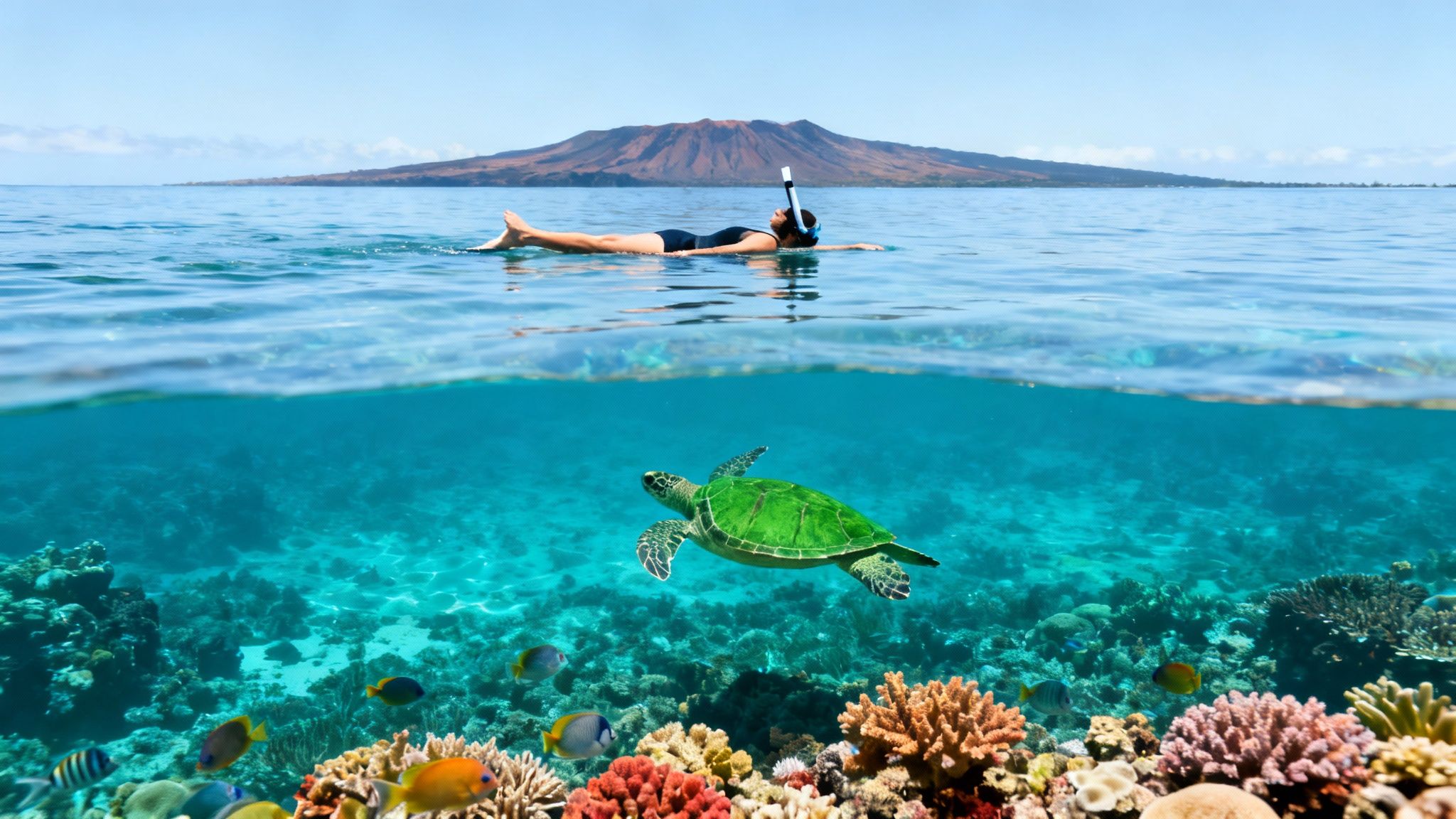 Split image of a woman snorkeling above water and a green sea turtle swimming over a vibrant coral reef below.