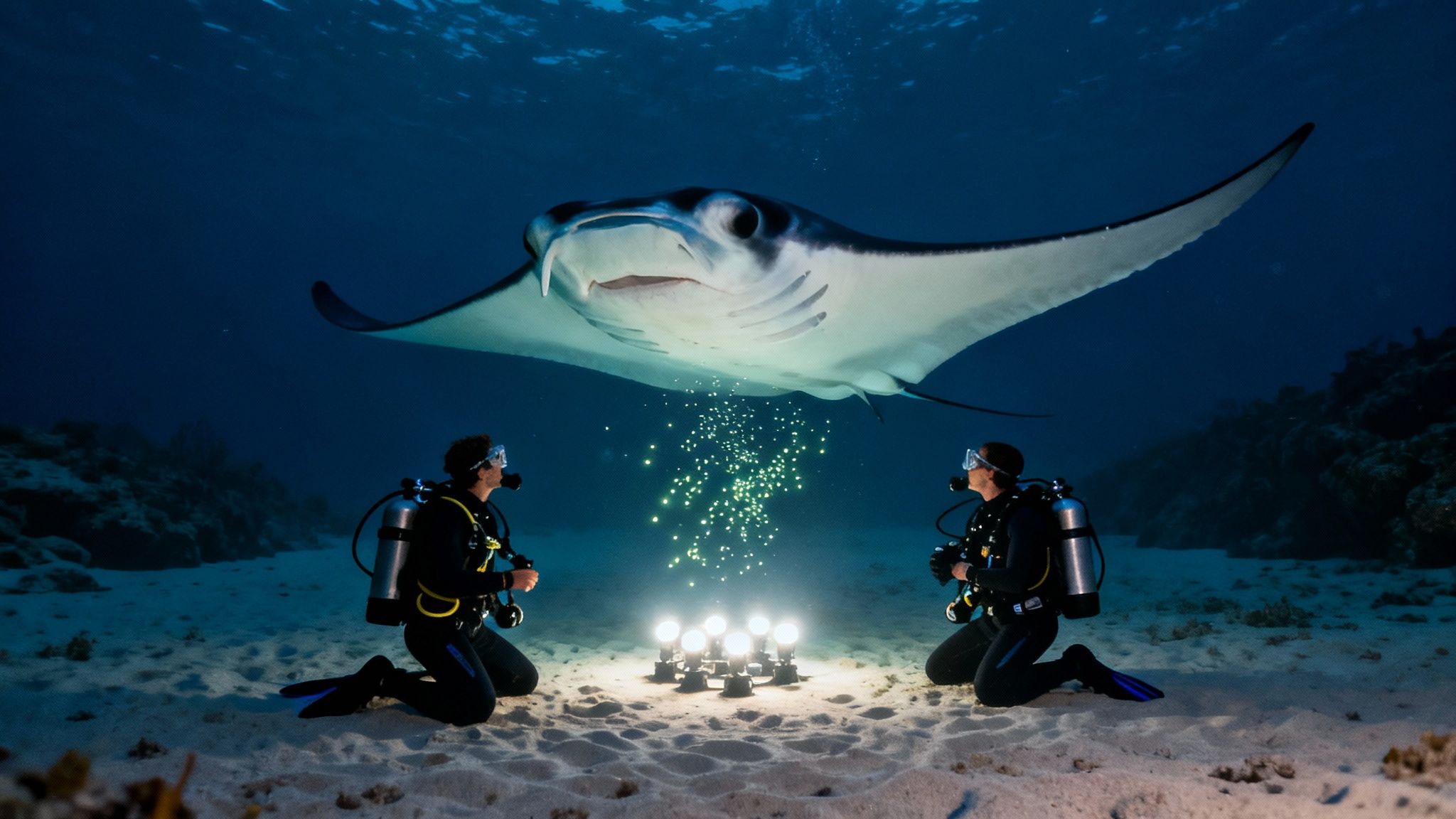 Giant manta ray swimming gracefully at night, illuminated by dive lights.