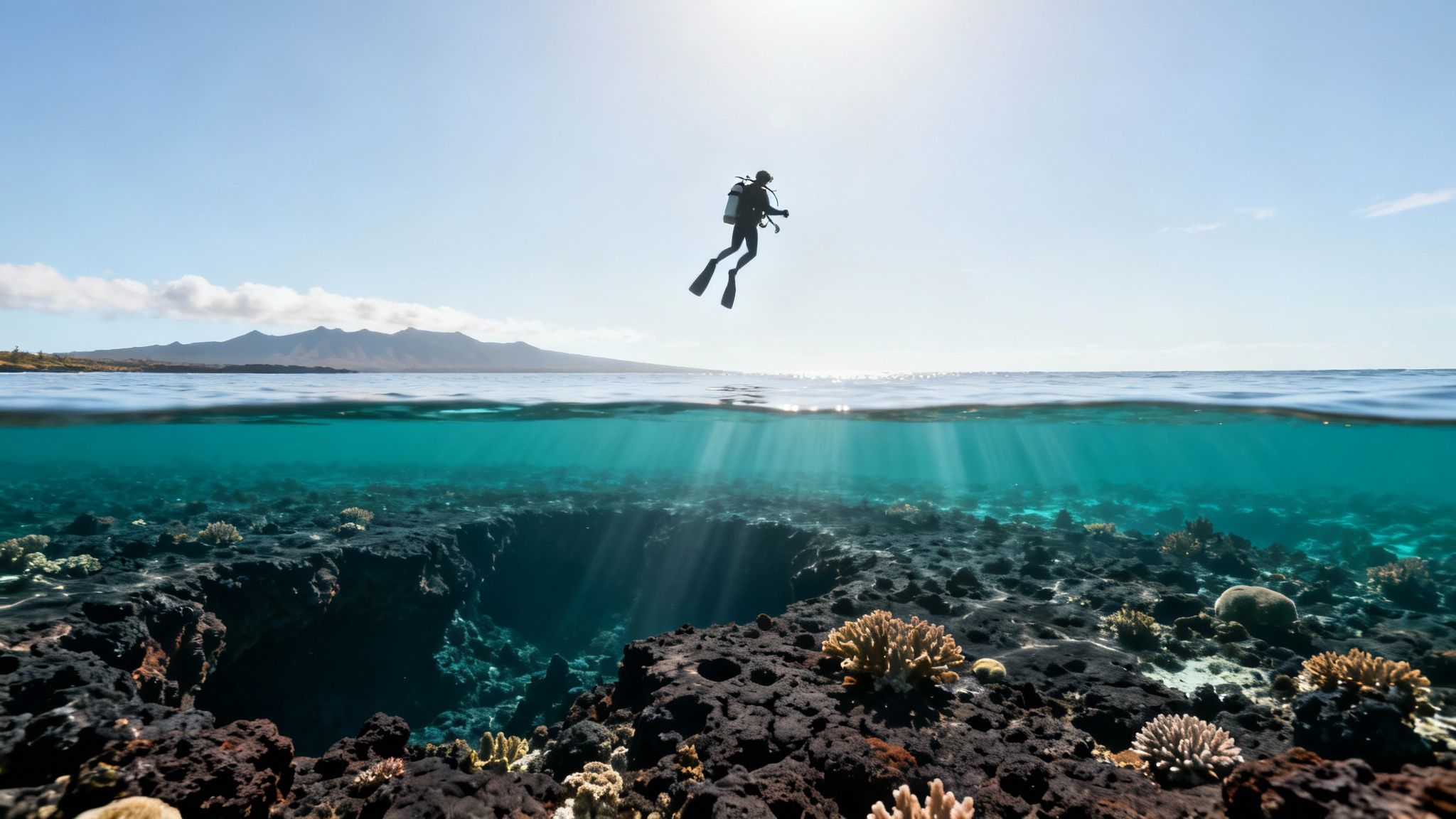 A diver floats above a vibrant coral reef and volcanic seafloor in clear tropical waters, with a distant island and sky.