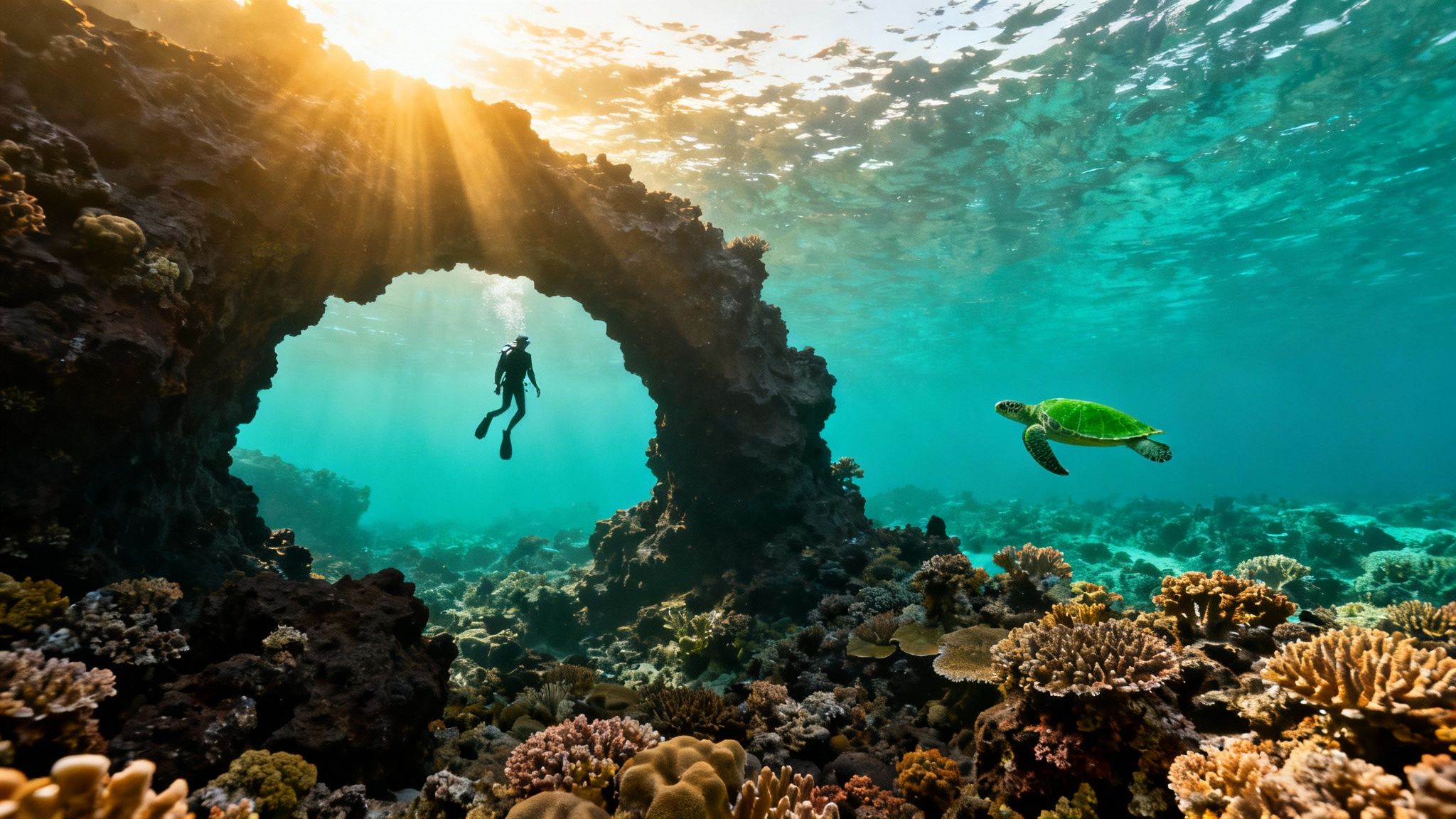 A scuba diver swims through a sunlit coral reef with tropical fish on the Big Island of Hawaii.