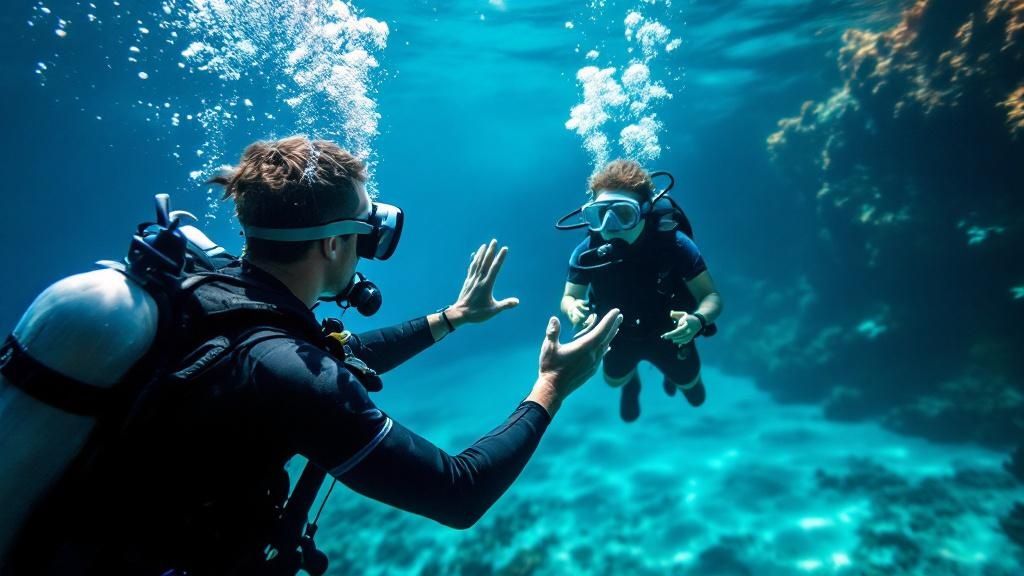 Scuba divers exploring a lava tube on the Big Island