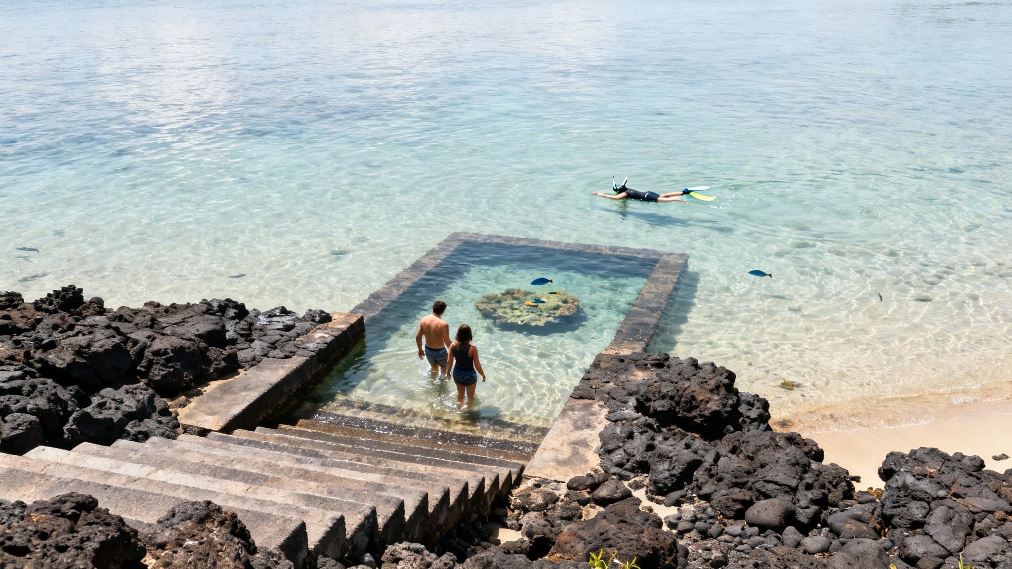 Couple entering ocean through ancient Hawaiian fish trap while snorkeler explores coral reef in Kona