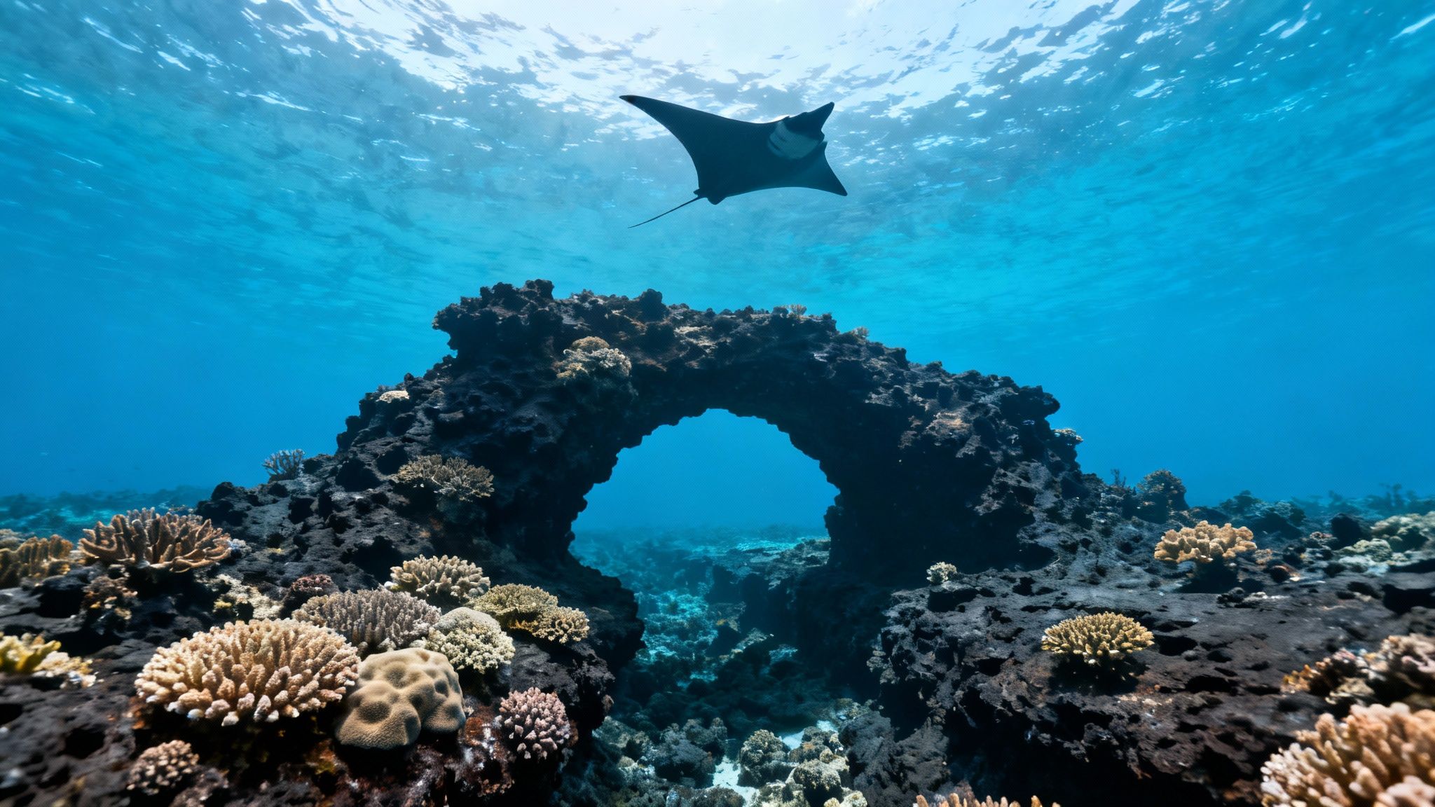 A vibrant coral reef with a scuba diver exploring underwater in Hawaii.