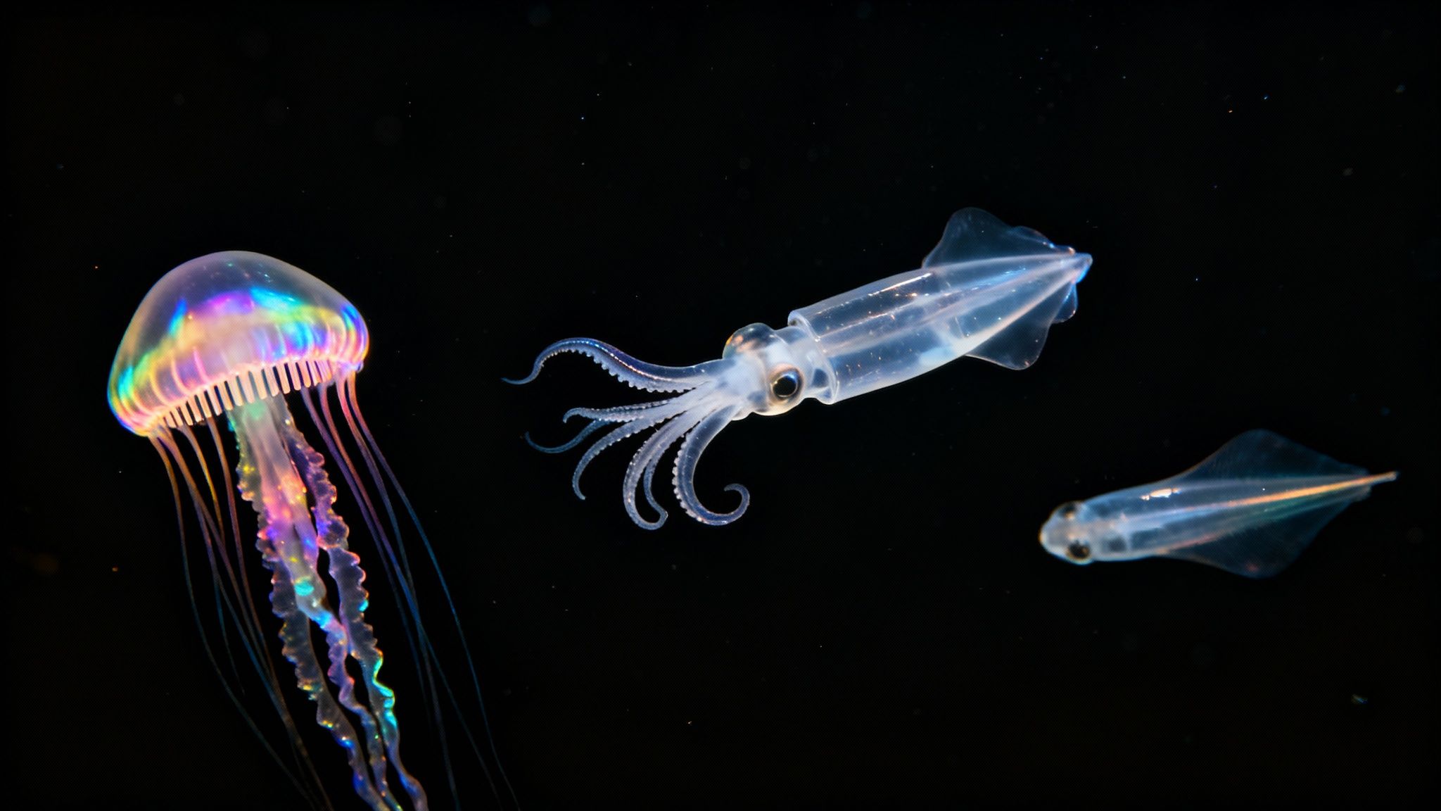 A colorful, glowing jellyfish swims alongside two translucent squids in dark water.