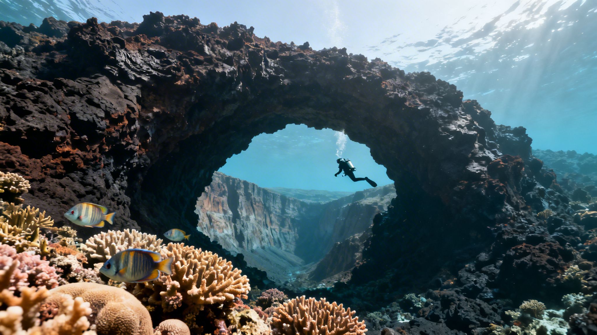 An underwater diver explores a vibrant coral reef near a large rock arch, with a deep canyon in the background.