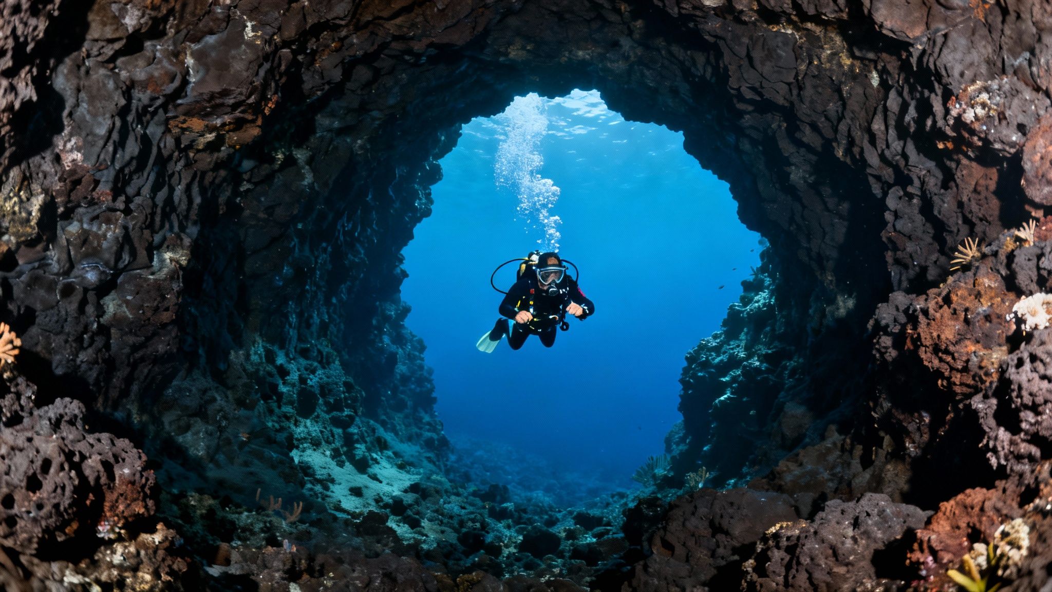 Underwater view of a scuba diver emerging from a dark cave into bright blue ocean.