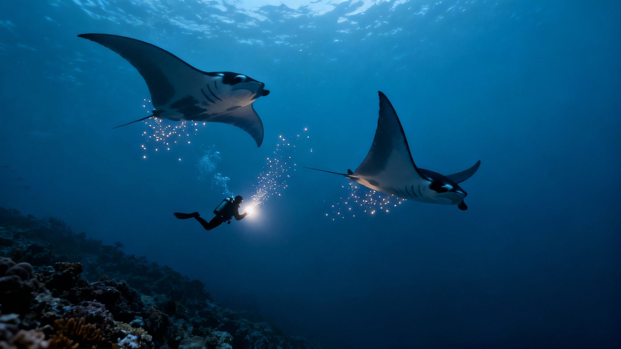 Scuba diver illuminates two giant manta rays in the deep blue ocean, surrounded by glowing plankton.