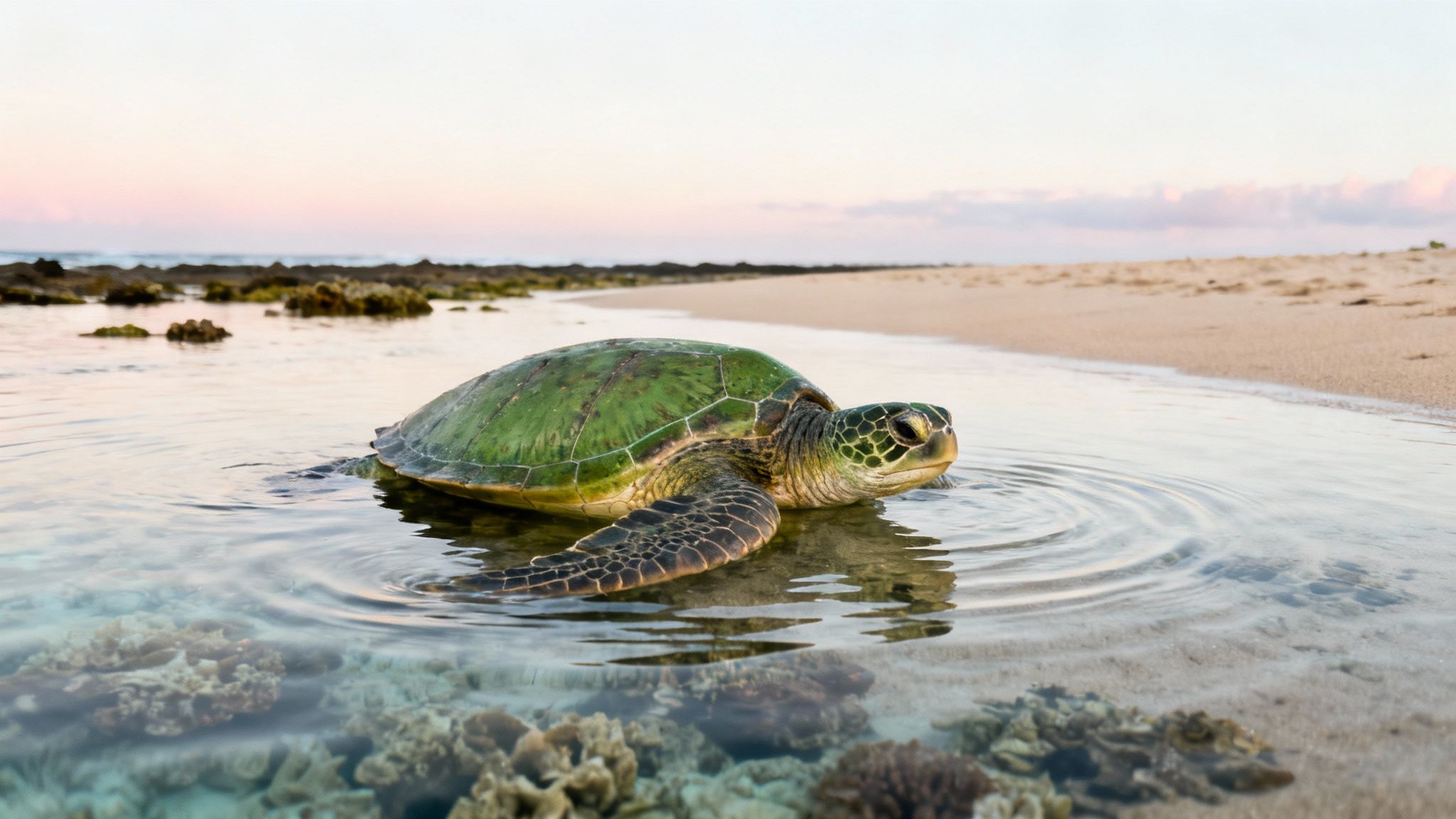 A green sea turtle in clear shallow water near a sandy beach with coral under a pastel sky.