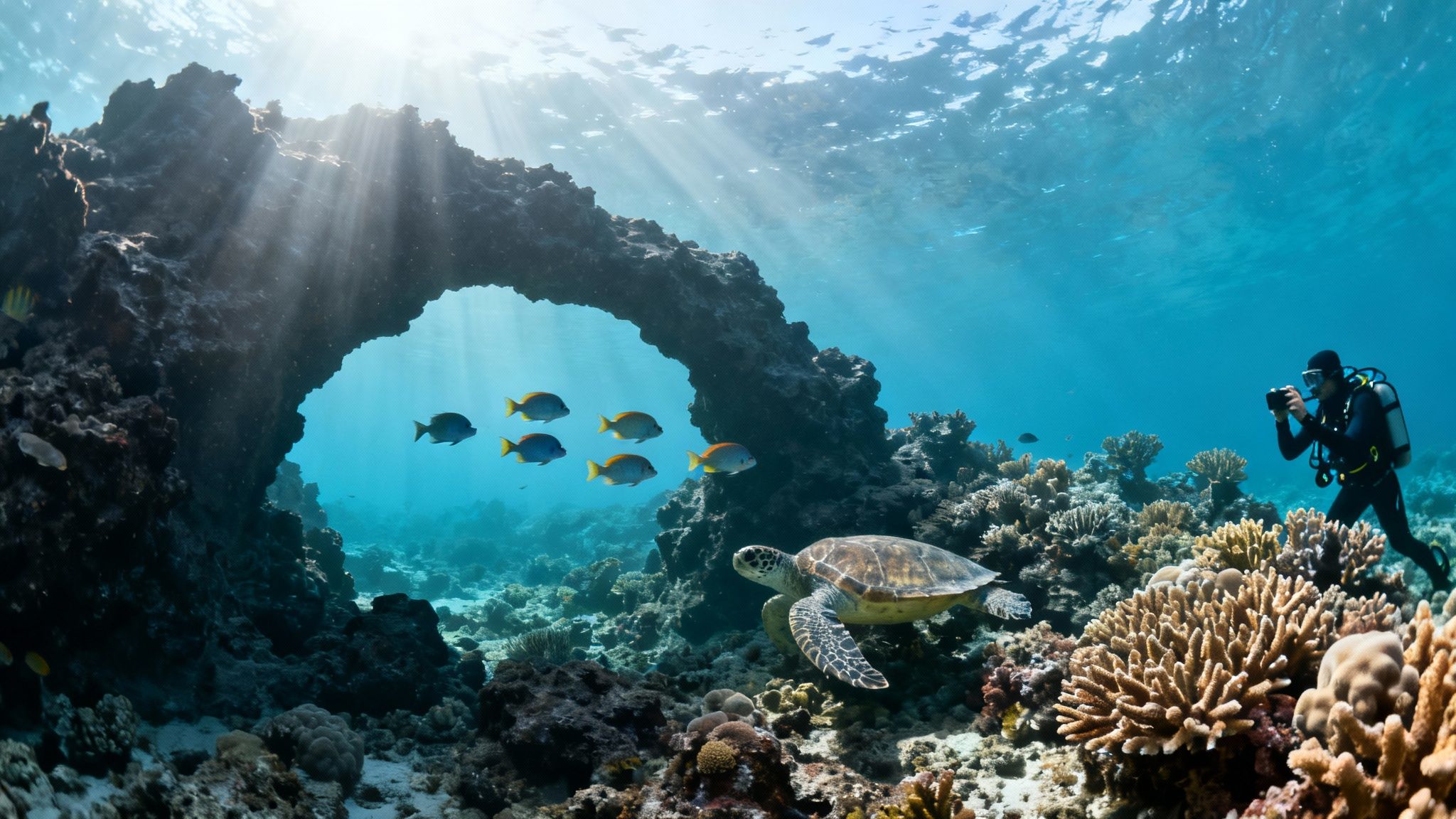 A scuba diver photographs a sea turtle near a coral arch with sunbeams underwater.
