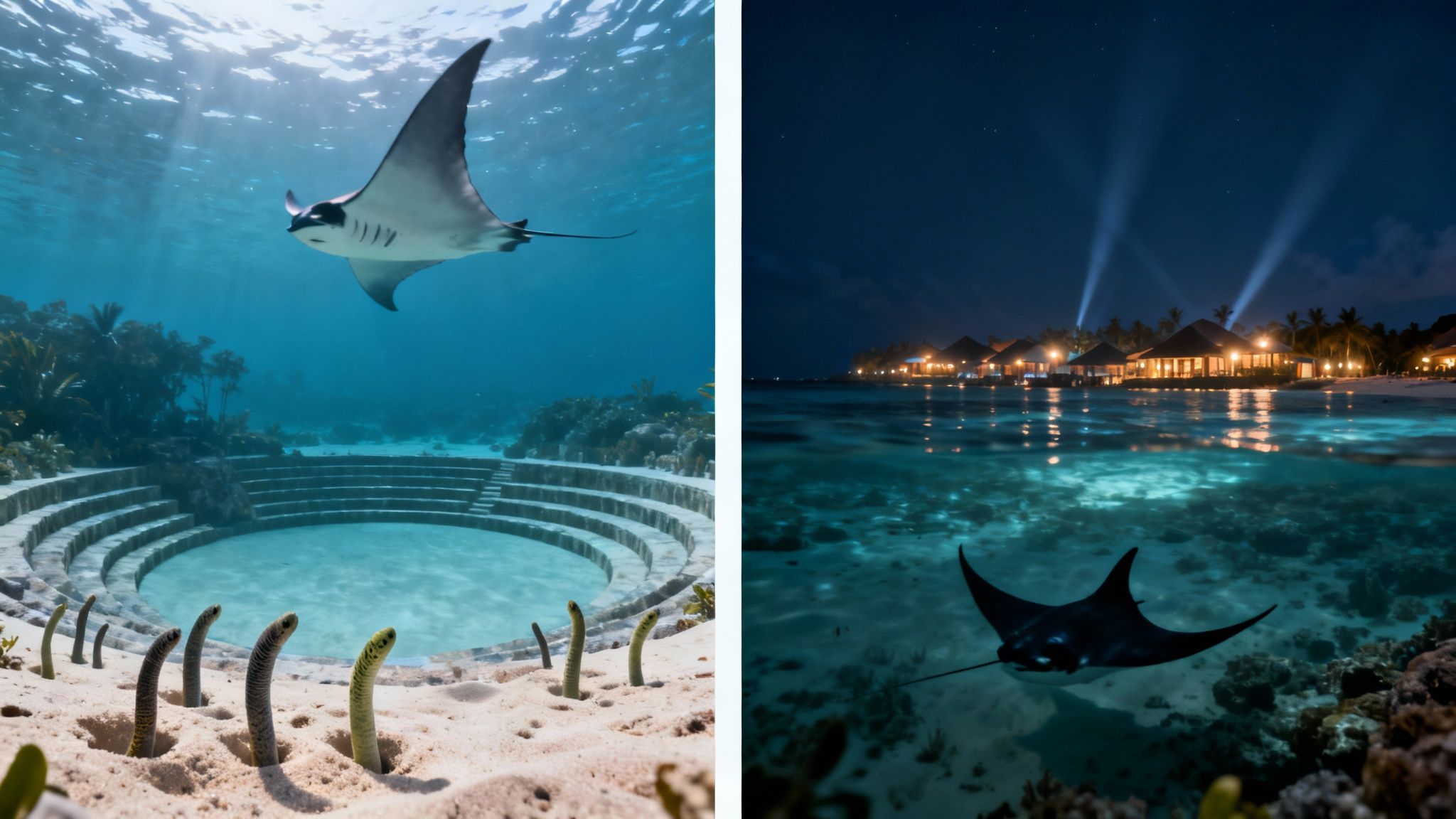 Two images: a manta ray over a structure with garden eels, and a resort at night with a manta ray.