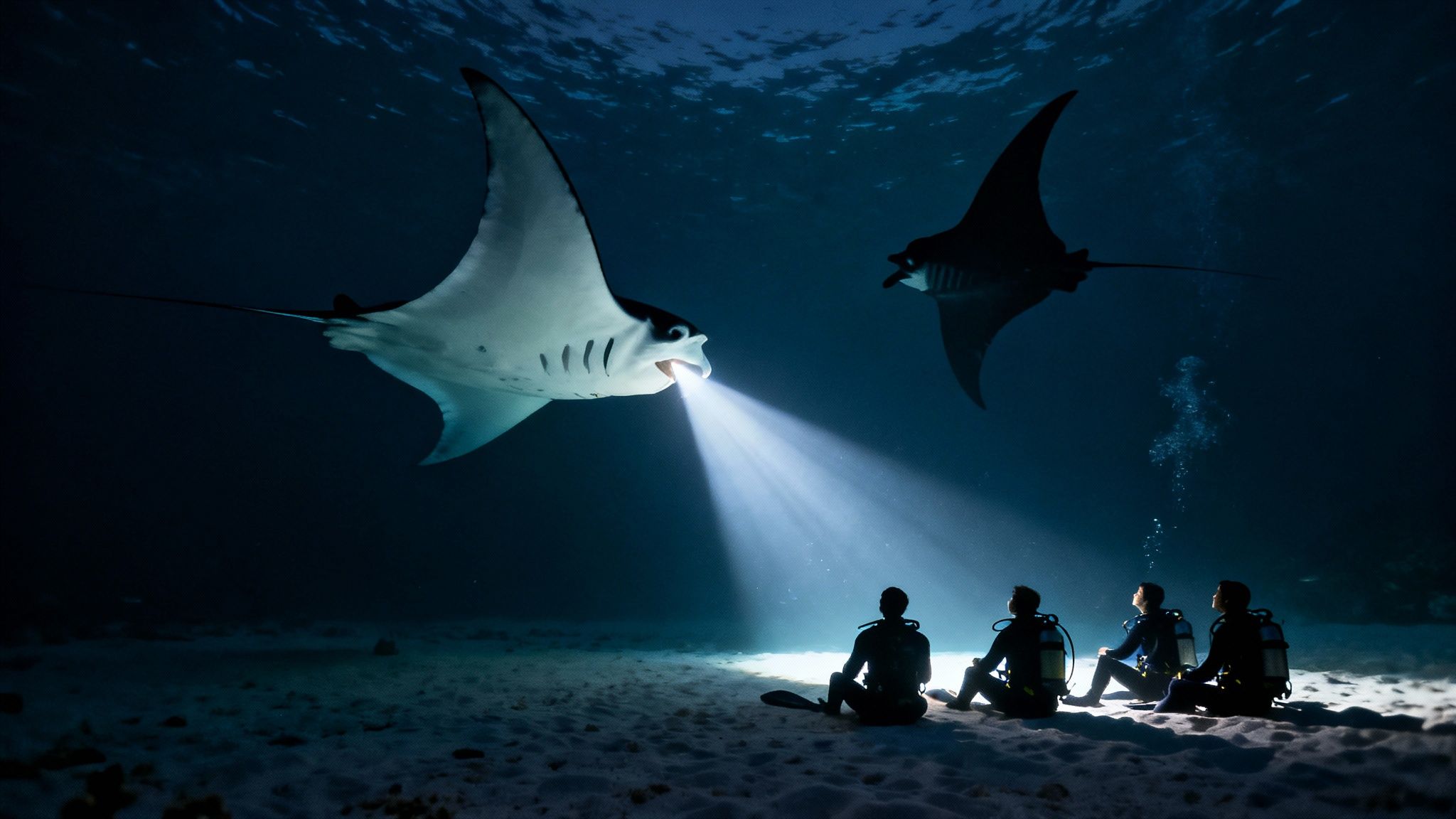 Four divers on the ocean floor watch two manta rays at night, one illuminated by a light.