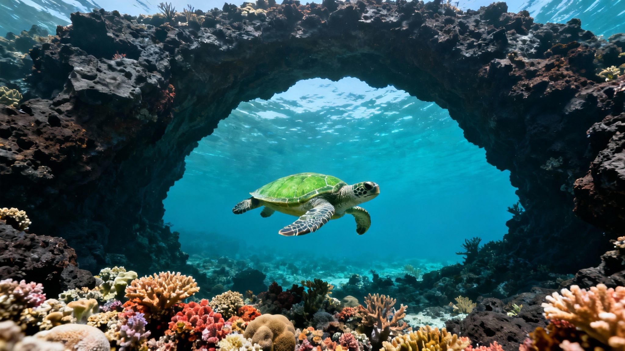 A green sea turtle swims gracefully through a vibrant coral reef, under a dark underwater archway.
