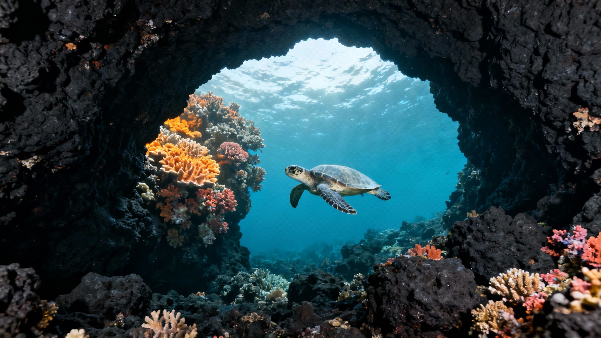A green sea turtle swims out of a dark underwater lava cave surrounded by vibrant corals.
