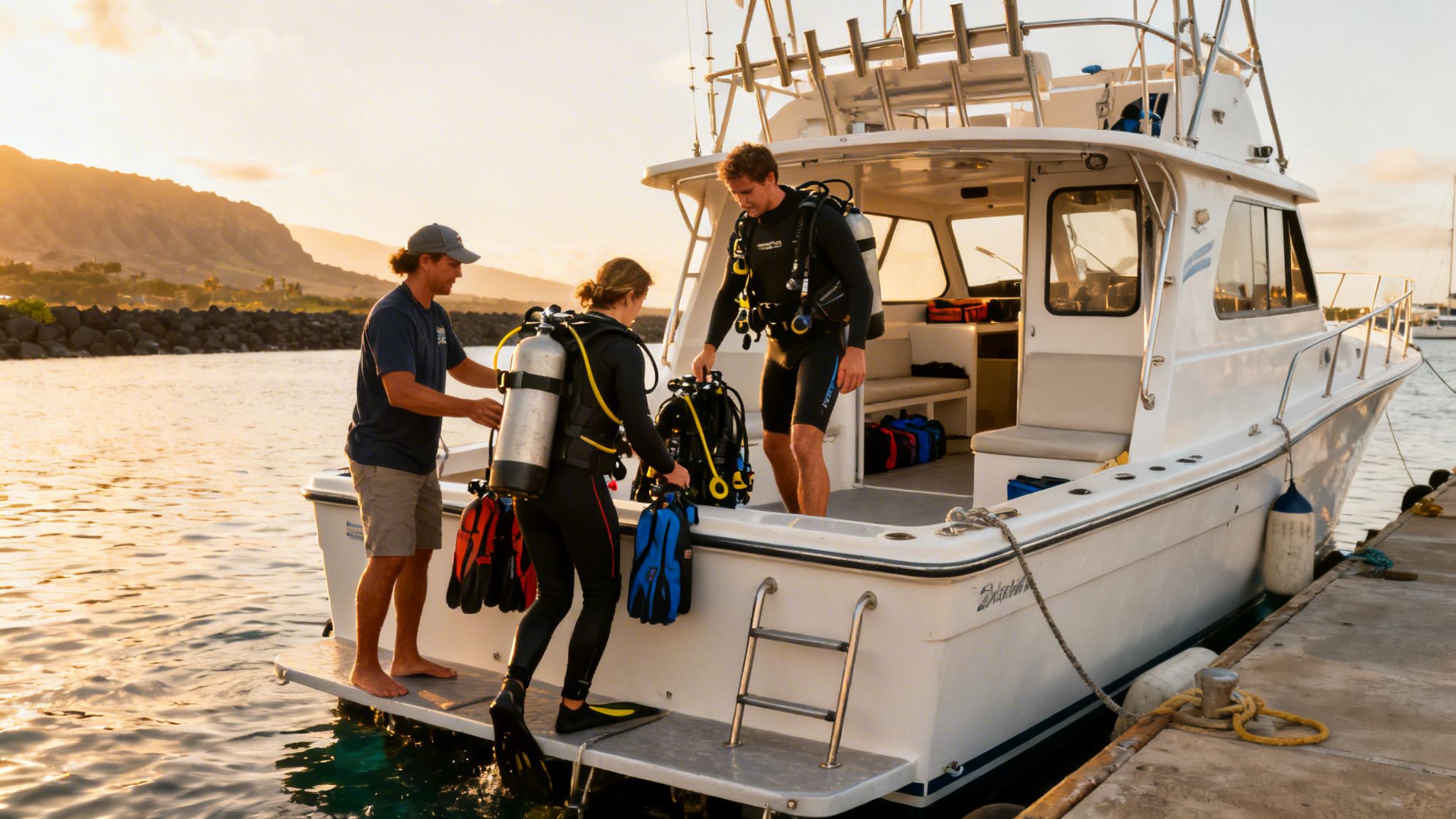 Divers preparing to board a boat with scuba equipment at a pier during sunset.