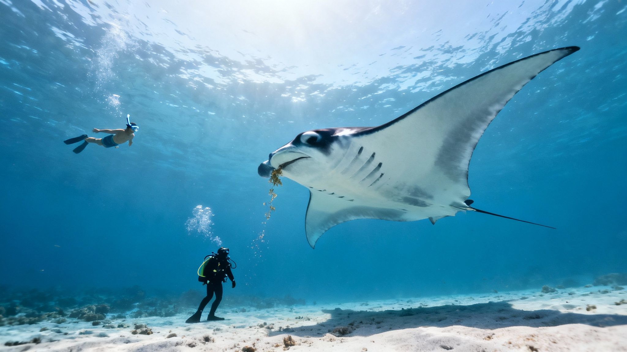 A manta ray swims gracefully near the ocean surface, viewed from below.