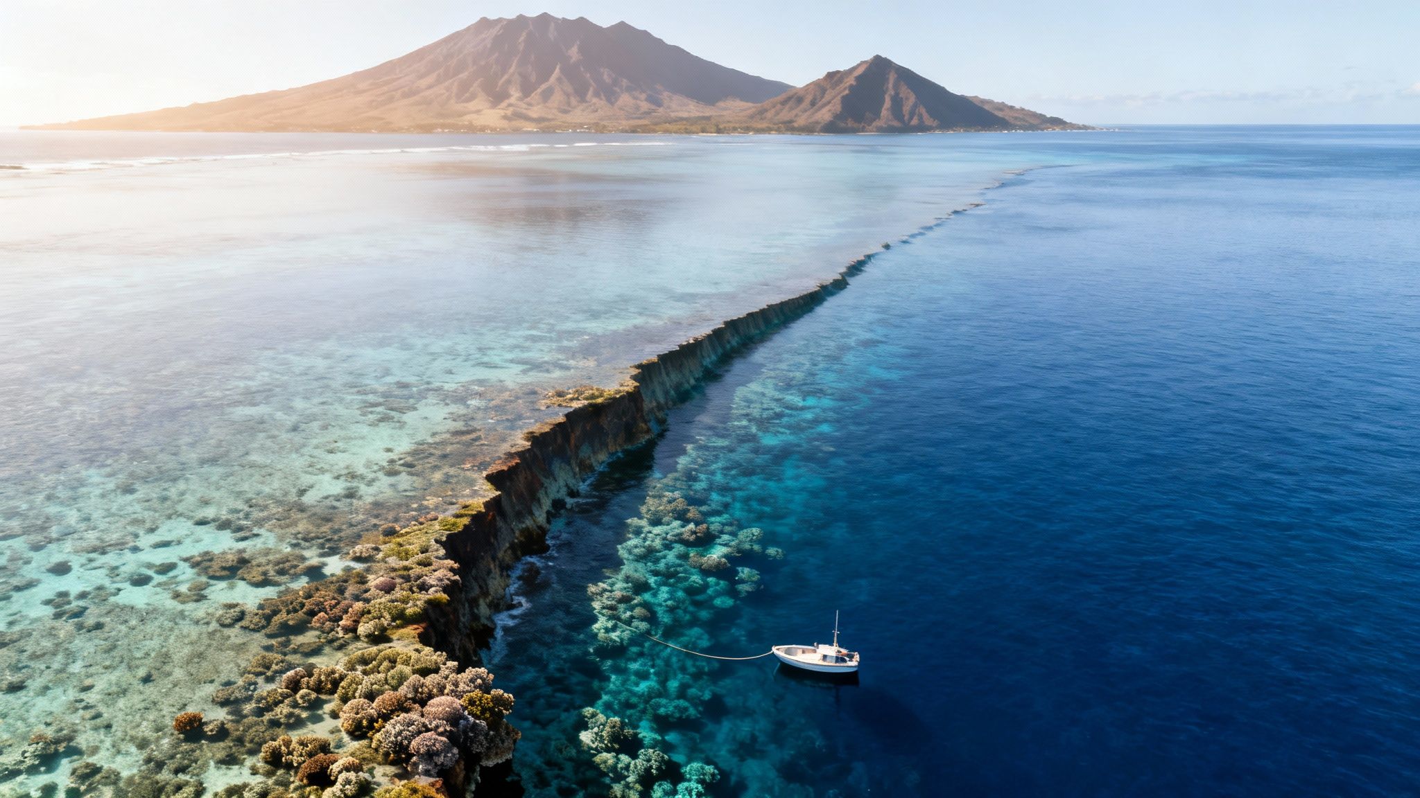 Aerial view of a barrier reef separating vibrant turquoise shallows from deep blue ocean, with a boat and distant mountains.