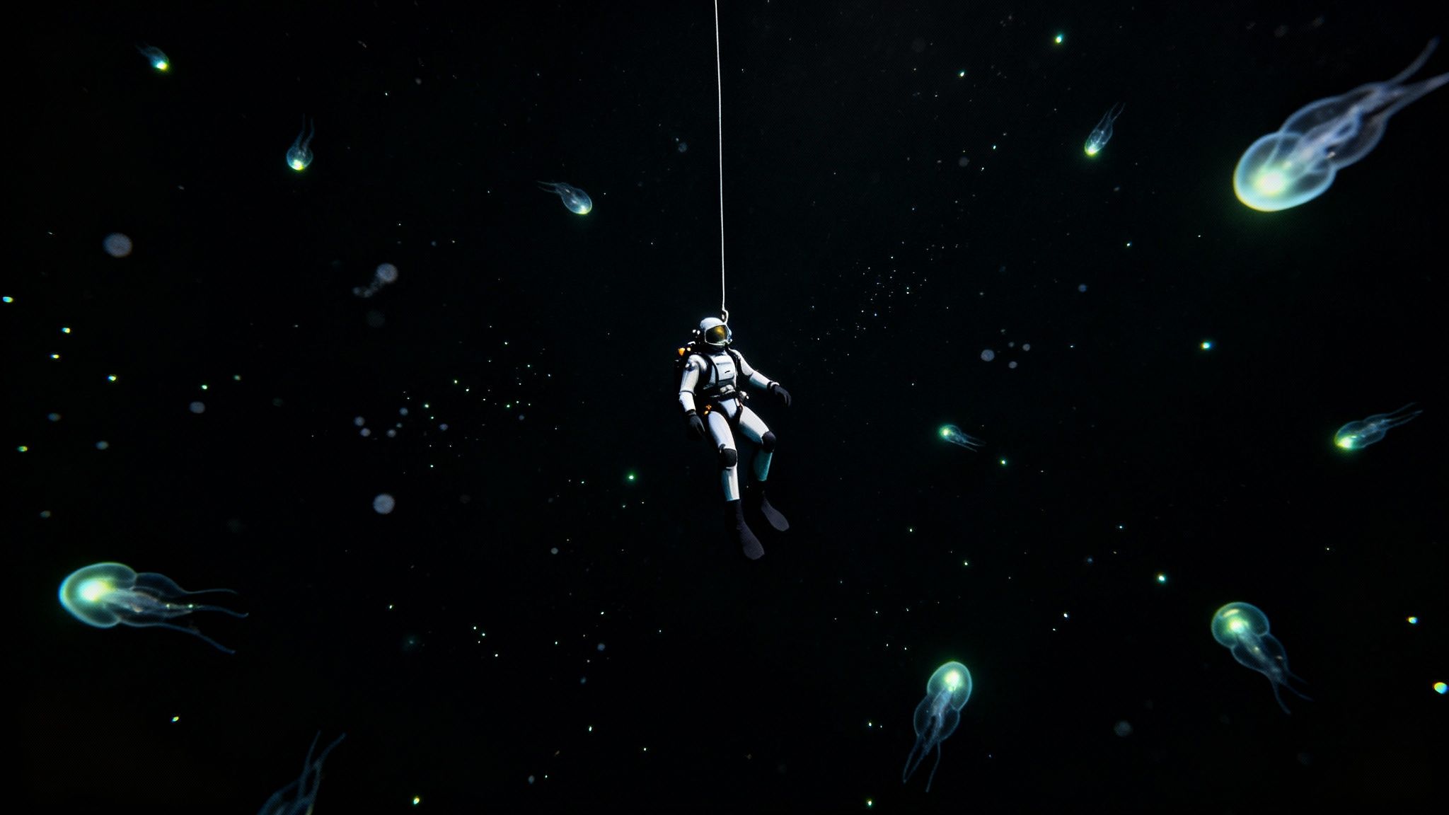 A diver in a white suit floats in dark water surrounded by glowing jellyfish.