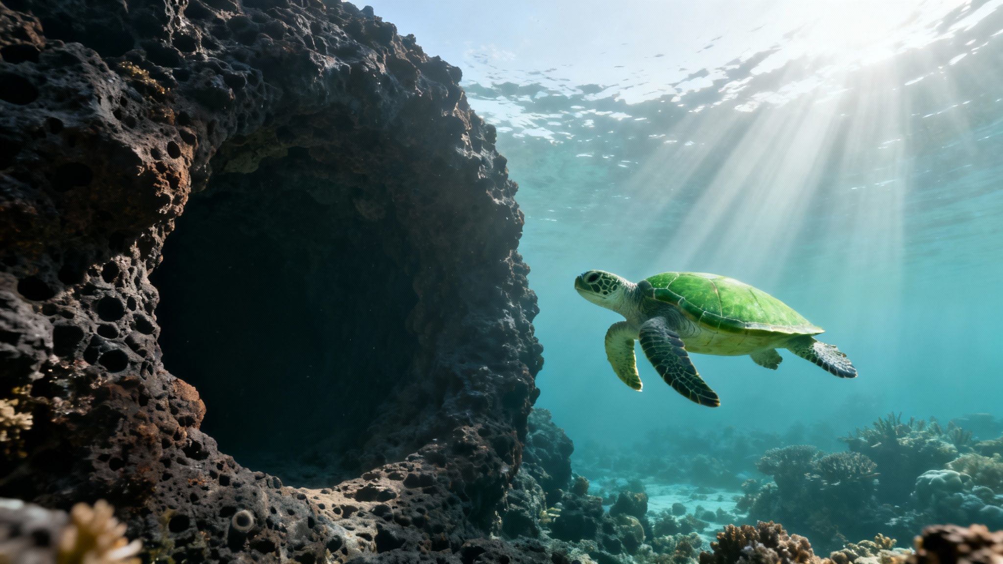 A green sea turtle swims gracefully next to a dark underwater cave, illuminated by sun rays.
