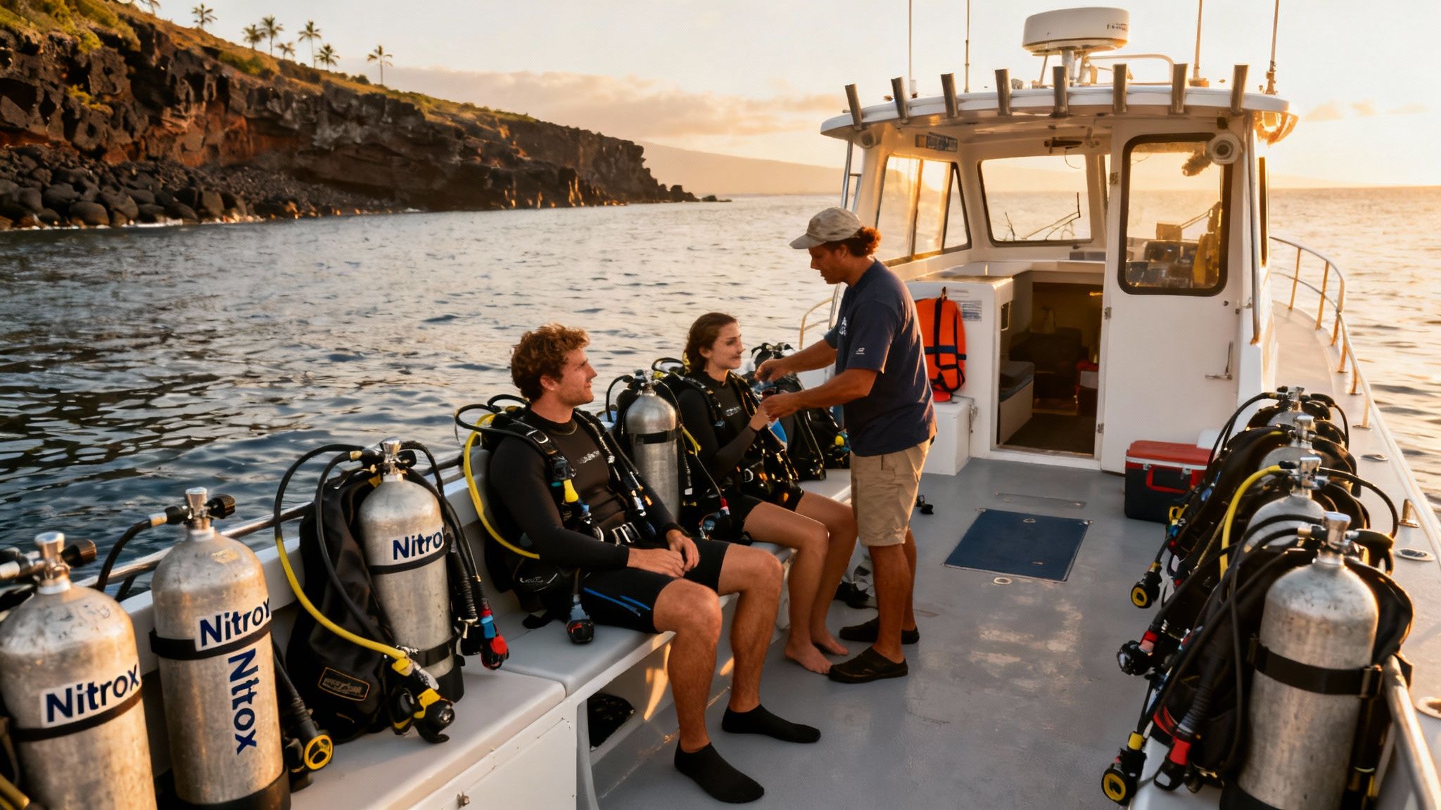 A dive instructor helps two divers prepare on a boat filled with Nitrox tanks at sunset.