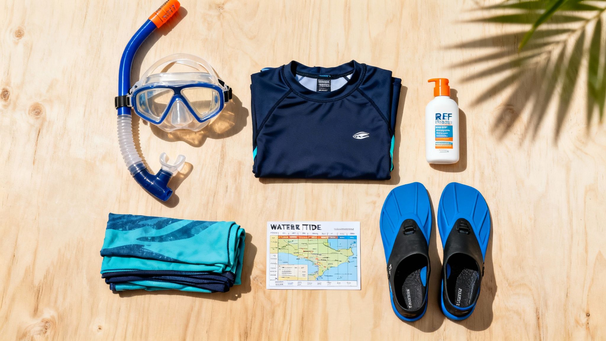 Snorkel, mask, rash guard, fins, sunscreen, and towel arranged for a beach trip.