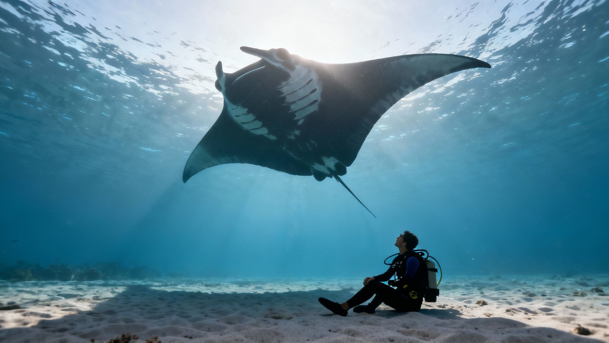 A group of scuba divers on the ocean floor watching a giant manta ray swim gracefully above them.