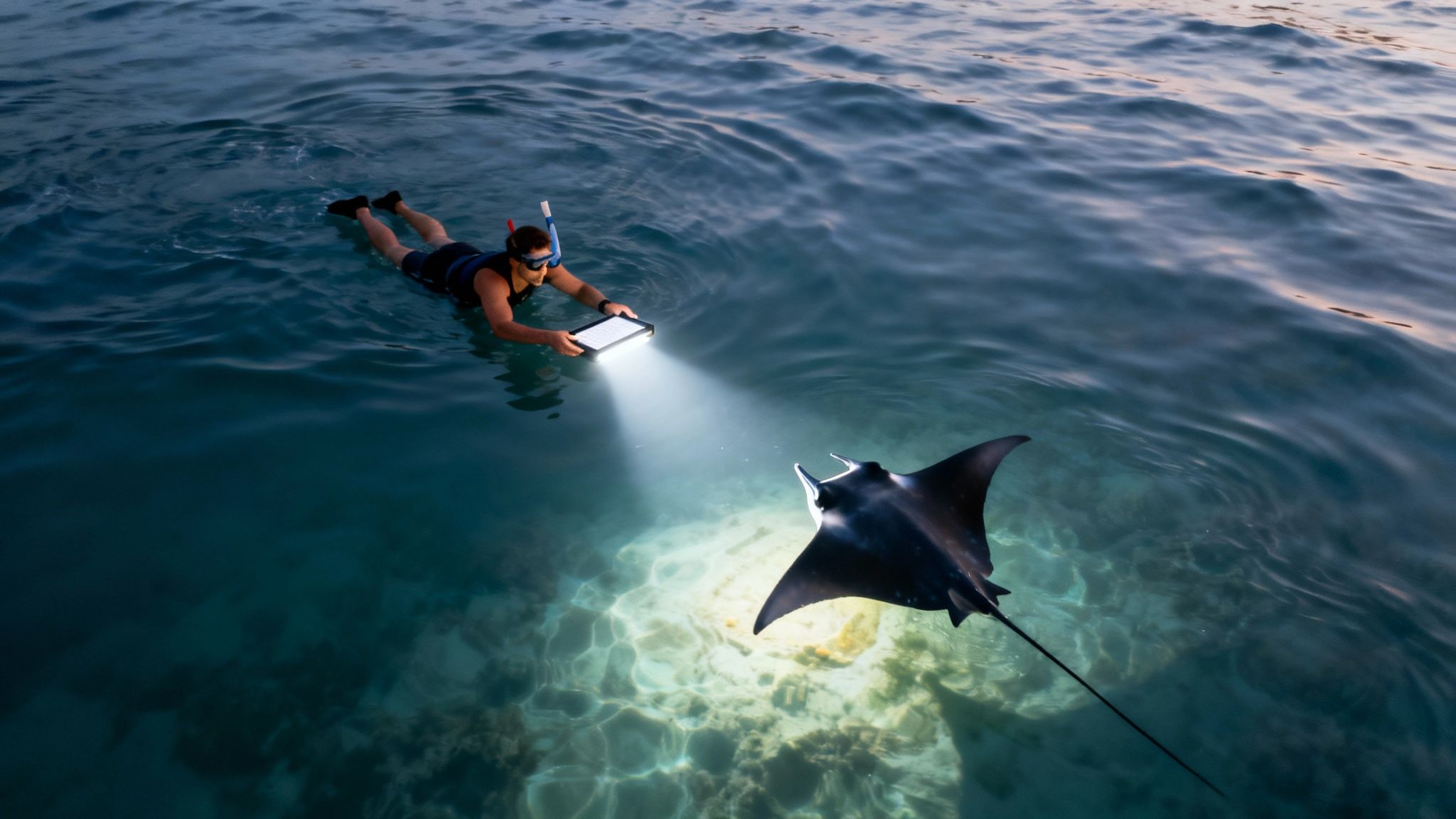 A group of snorkelers holding onto a light board at the surface, watching manta rays swim below them at night.