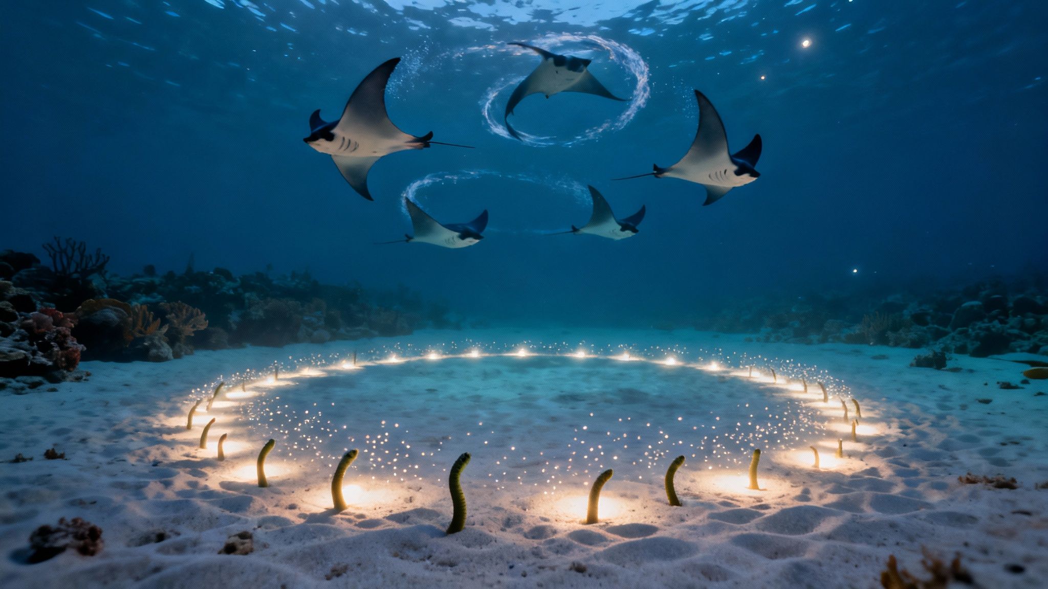 A stunning view of manta rays swimming over divers' lights in Garden Eel Cove.
