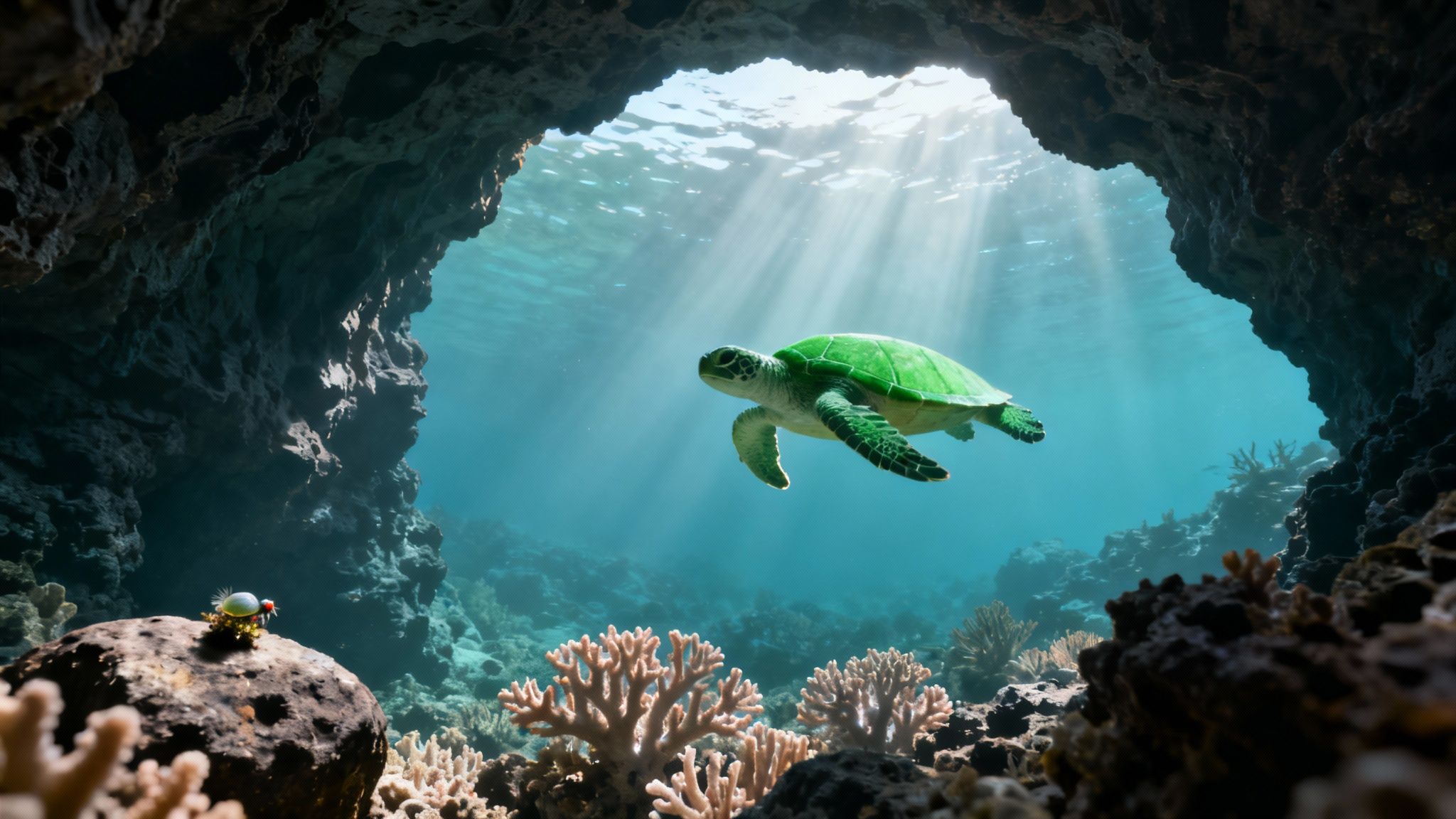 A scuba diver explores a vibrant coral reef on the Big Island of Hawaii.