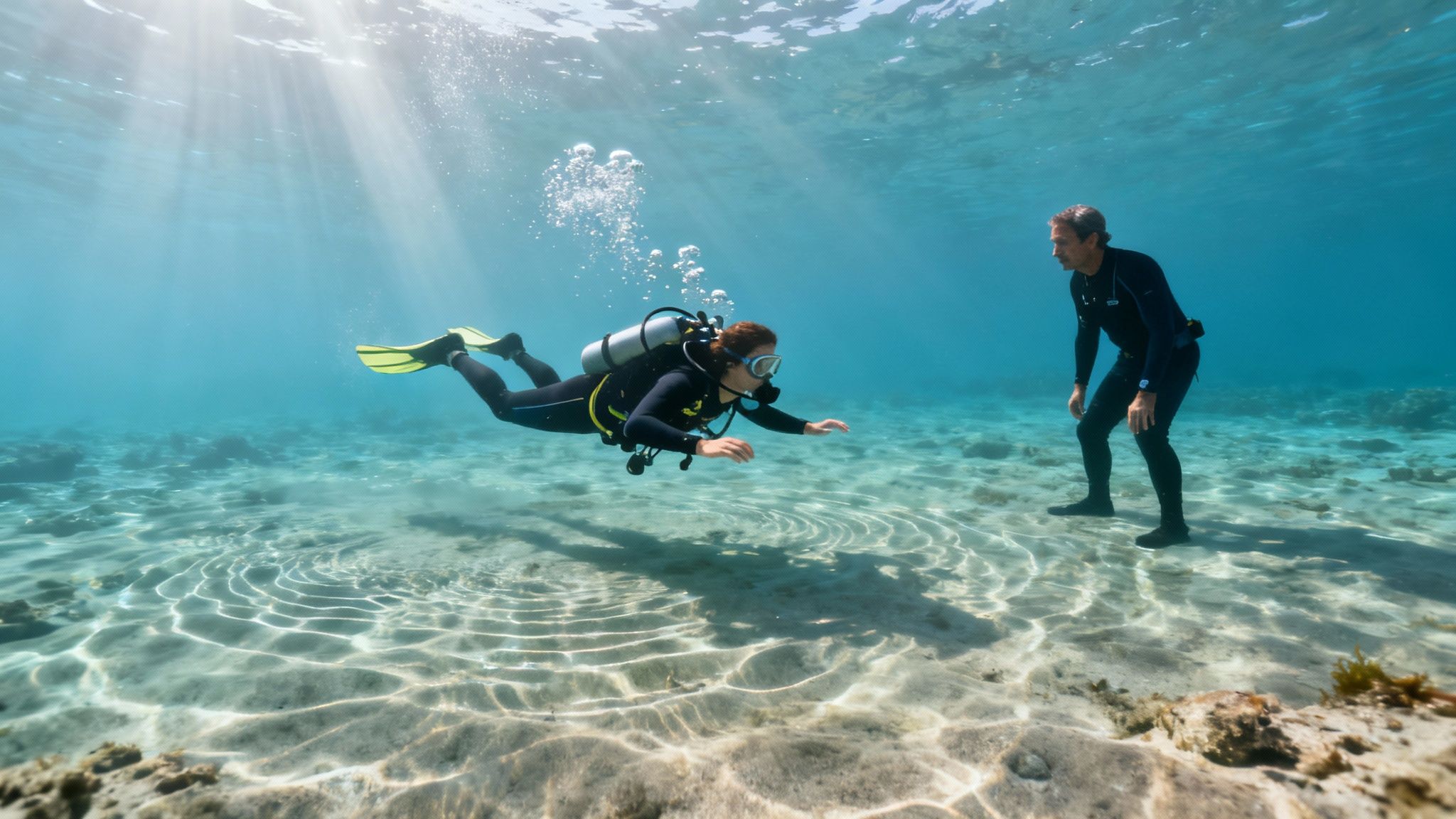Two divers, one actively scuba diving and another standing, under sunlit clear ocean water.