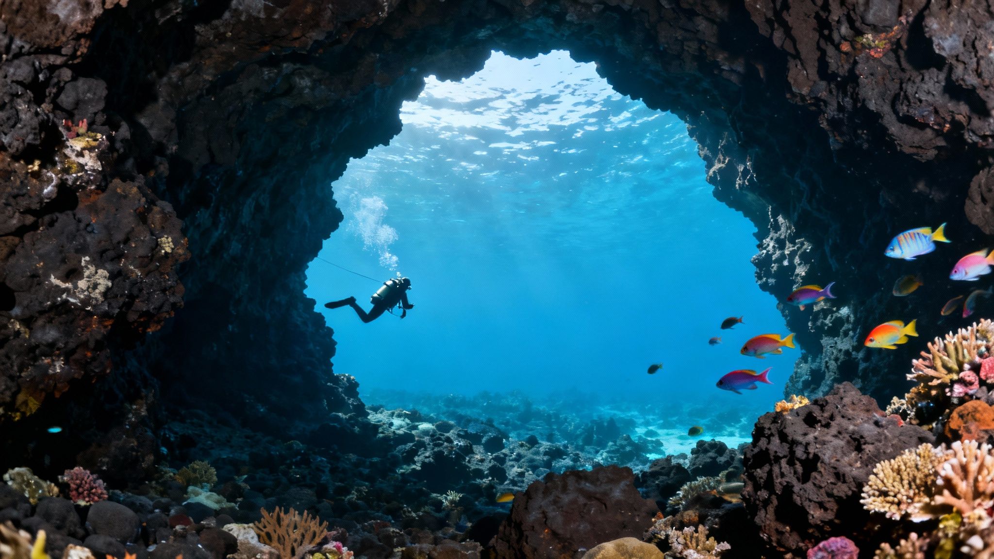 A scuba diver swims over a vibrant coral reef in Kona, Hawaii.