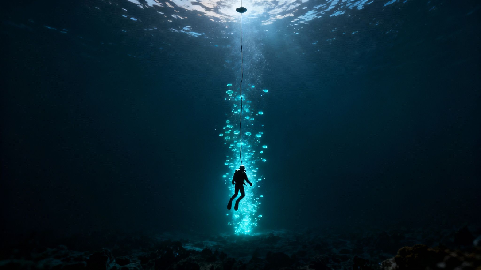 A scuba diver shines a light on a strange, bioluminescent creature during a blackwater dive on the Big Island.
