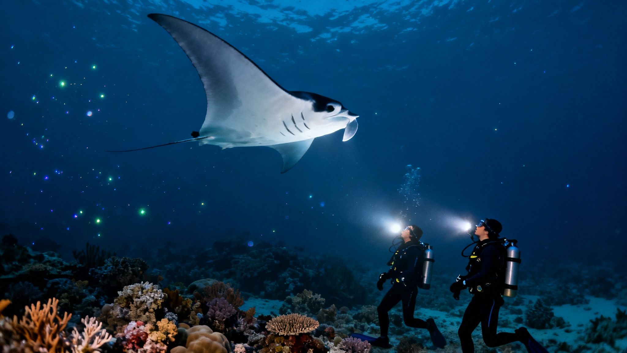 Two scuba divers with flashlights illuminate a majestic manta ray and glowing plankton above a coral reef.
