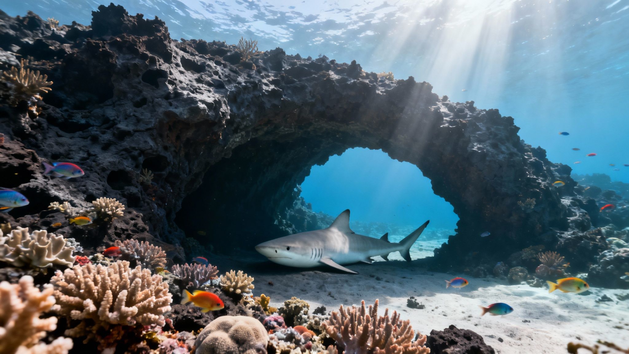 A majestic grey reef shark rests inside a dark coral cave, surrounded by colorful fish and sun rays.