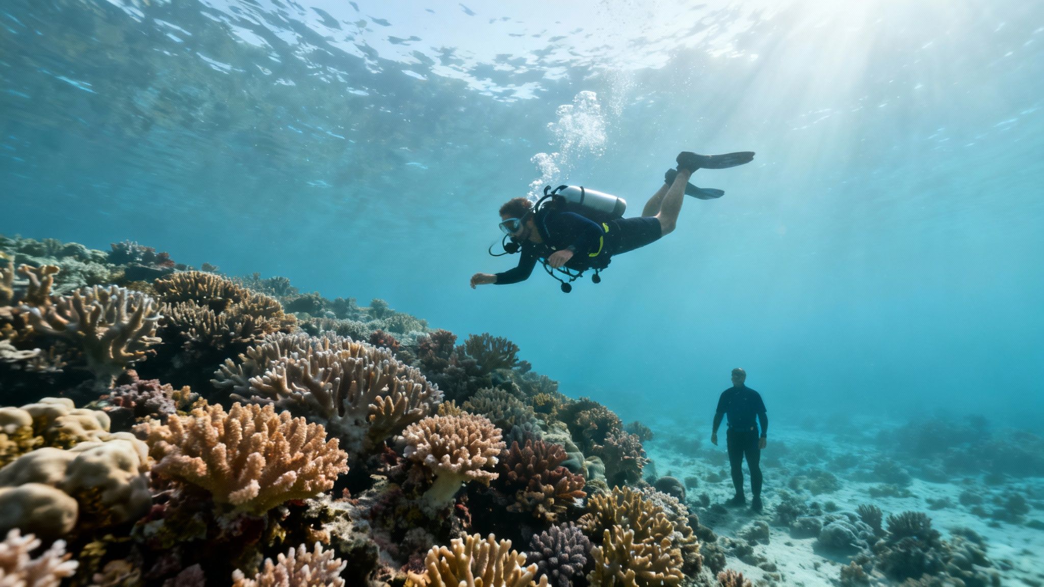 Two divers explore a vibrant coral reef under bright sun rays in clear blue water.